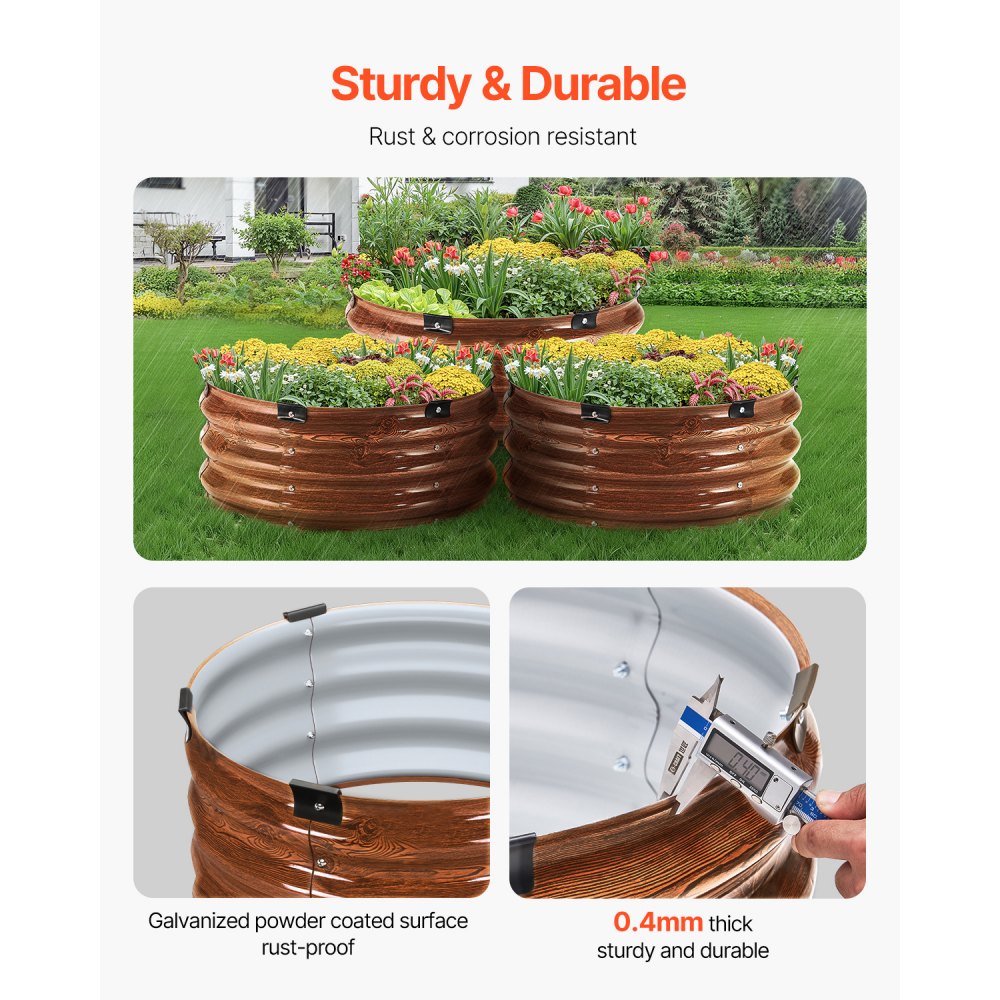 VEVOR 3 PCS Cama de Jardín Elevada de Metal de Ф590 x 265 mm con Fondo Abierto, Jardinera Redonda Galvanizada para Jardinería de Verduras, Flores, Hierbas y Plantas Suculentas, Veta de Madera Profunda