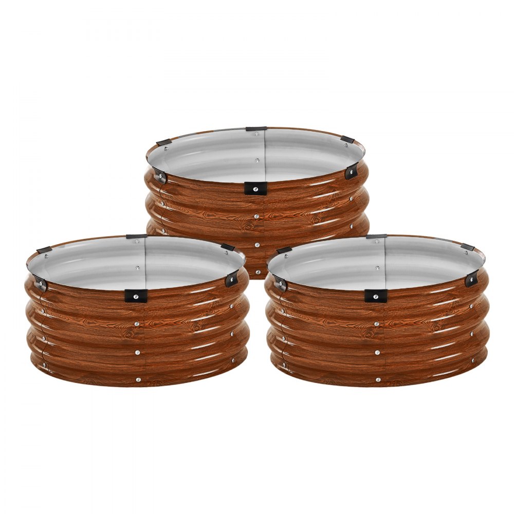 VEVOR 3 PCS Cama de Jardín Elevada de Metal de Ф590 x 265 mm con Fondo Abierto, Jardinera Redonda Galvanizada para Jardinería de Verduras, Flores, Hierbas y Plantas Suculentas, Veta de Madera Profunda