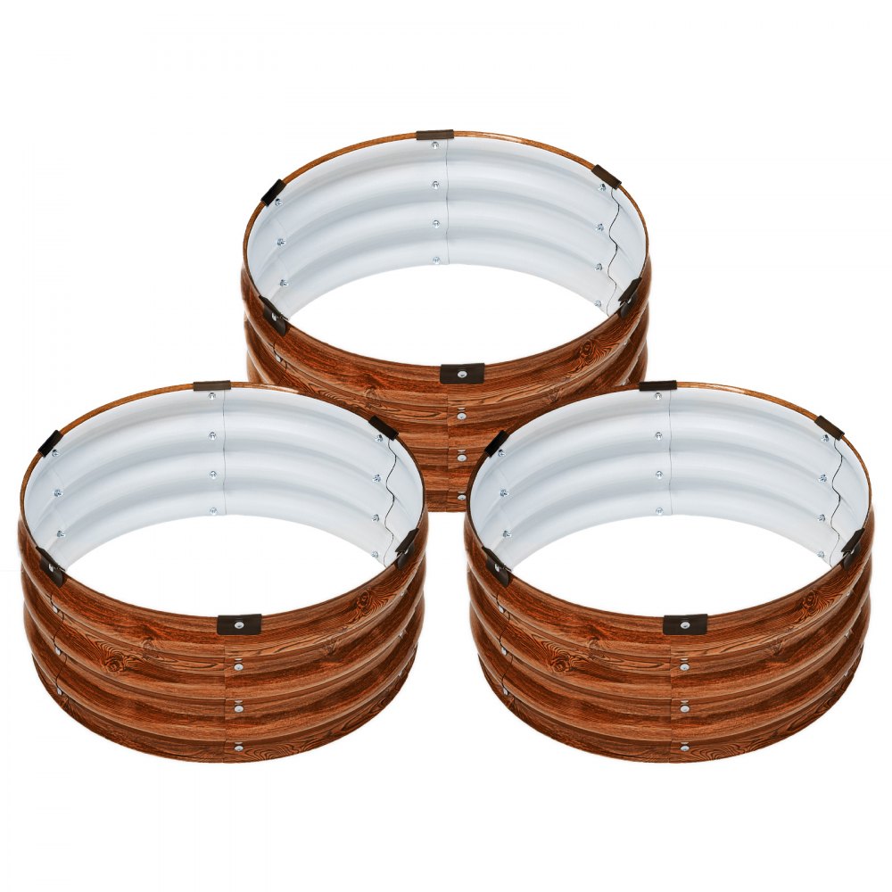 VEVOR 3 PCS Cama de Jardín Elevada de Metal de Ф590 x 265 mm con Fondo Abierto, Jardinera Redonda Galvanizada para Jardinería de Verduras, Flores, Hierbas y Plantas Suculentas, Veta de Madera Profunda