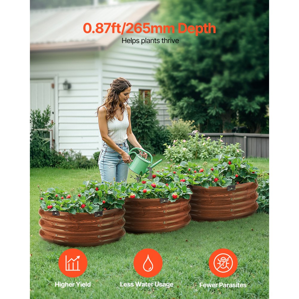VEVOR 3 PCS Cama de Jardín Elevada de Metal de Ф590 x 265 mm con Fondo Abierto, Jardinera Redonda Galvanizada para Jardinería de Verduras, Flores, Hierbas y Plantas Suculentas, Veta de Madera Profunda