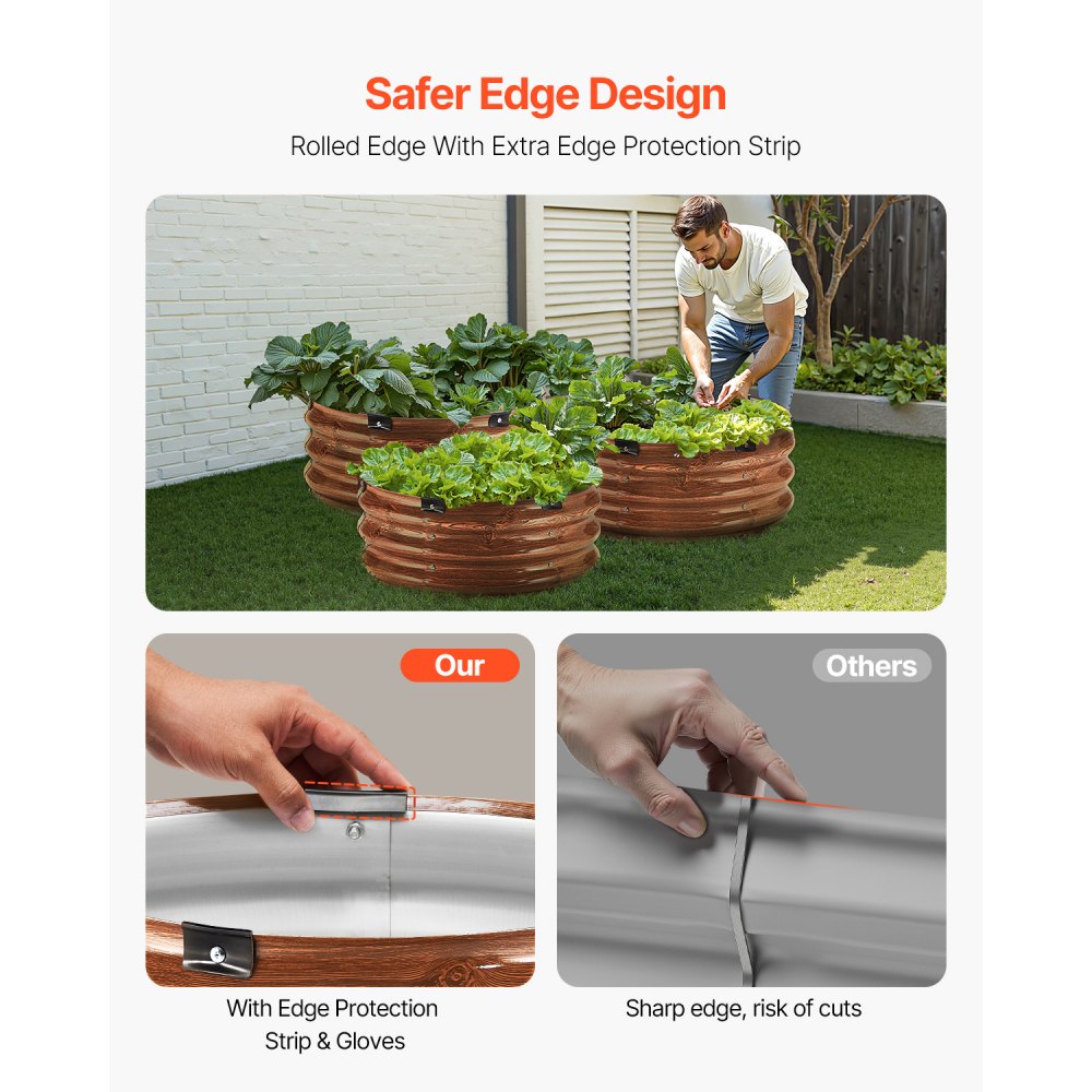 VEVOR 3 PCS Cama de Jardín Elevada de Metal de Ф590 x 265 mm con Fondo Abierto, Jardinera Redonda Galvanizada para Jardinería de Verduras, Flores, Hierbas y Plantas Suculentas, Veta de Madera Profunda