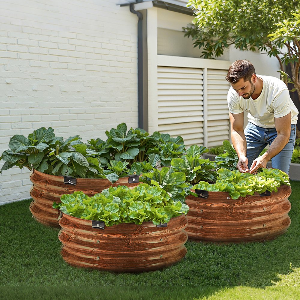 VEVOR 3 PCS Cama de Jardín Elevada de Metal de Ф590 x 265 mm con Fondo Abierto, Jardinera Redonda Galvanizada para Jardinería de Verduras, Flores, Hierbas y Plantas Suculentas, Veta de Madera Profunda