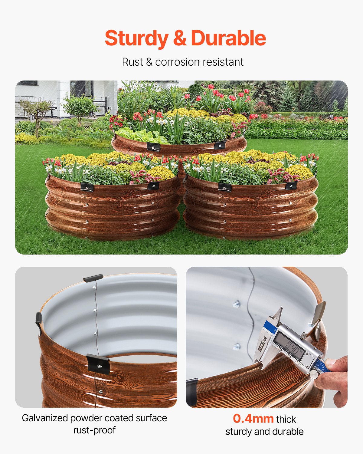 VEVOR 3 PCS Cama de Jardín Elevada de Metal de Ф590 x 265 mm con Fondo Abierto, Jardinera Redonda Galvanizada para Jardinería de Verduras, Flores, Hierbas y Plantas Suculentas, Veta de Madera Profunda