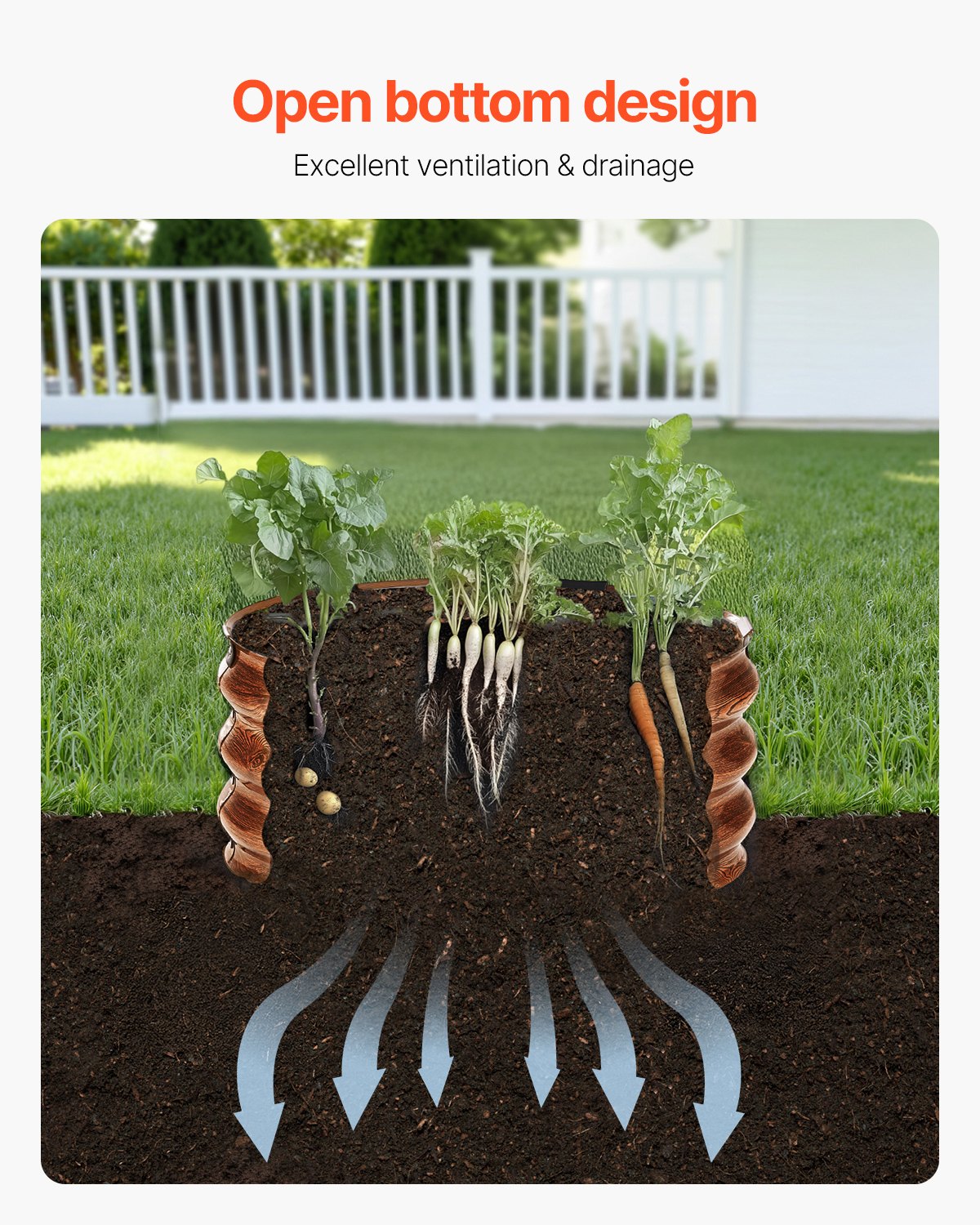 VEVOR 3 PCS Cama de Jardín Elevada de Metal de Ф590 x 265 mm con Fondo Abierto, Jardinera Redonda Galvanizada para Jardinería de Verduras, Flores, Hierbas y Plantas Suculentas, Veta de Madera Profunda