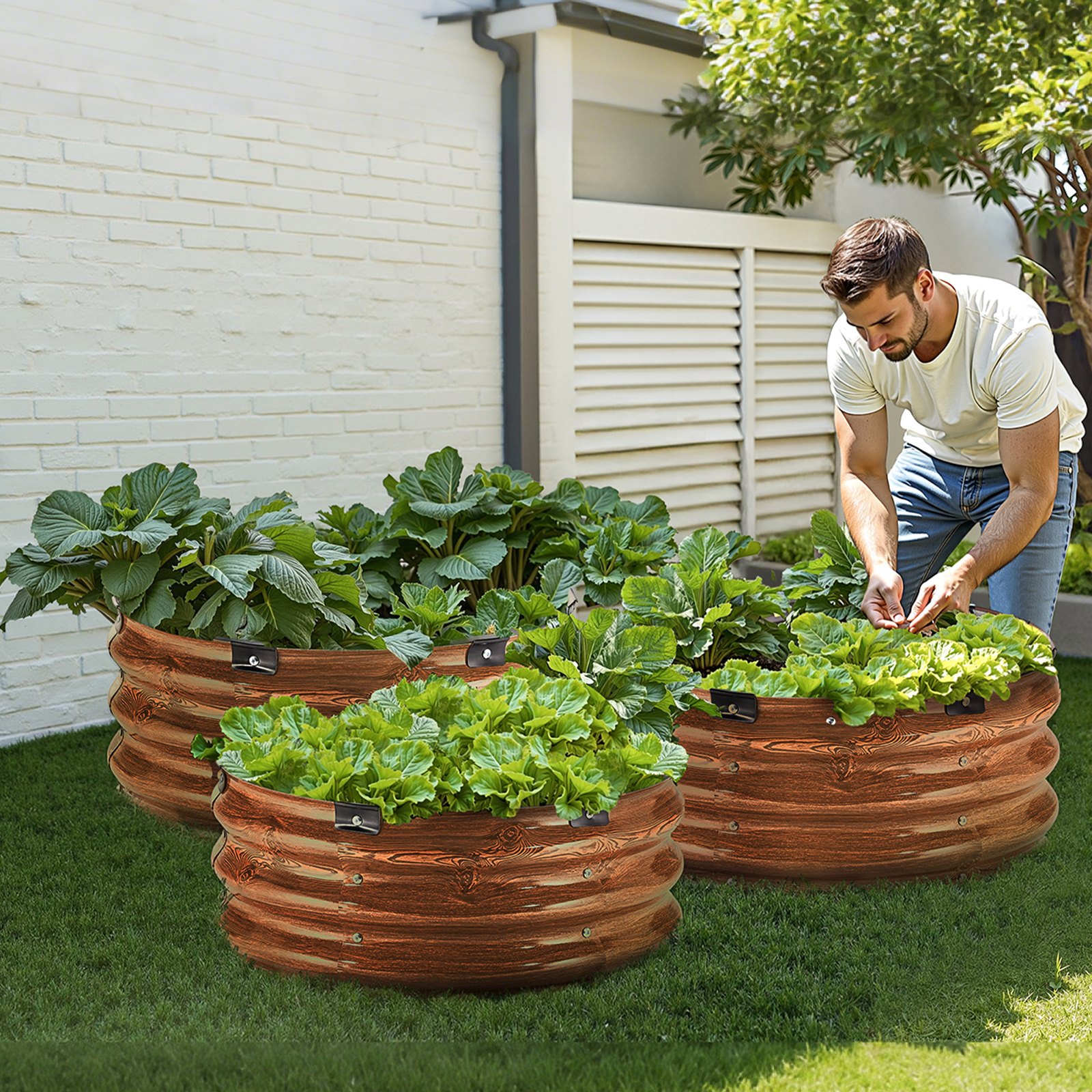 VEVOR 3 PCS Cama de Jardín Elevada de Metal de Ф590 x 265 mm con Fondo Abierto, Jardinera Redonda Galvanizada para Jardinería de Verduras, Flores, Hierbas y Plantas Suculentas, Veta de Madera Profunda