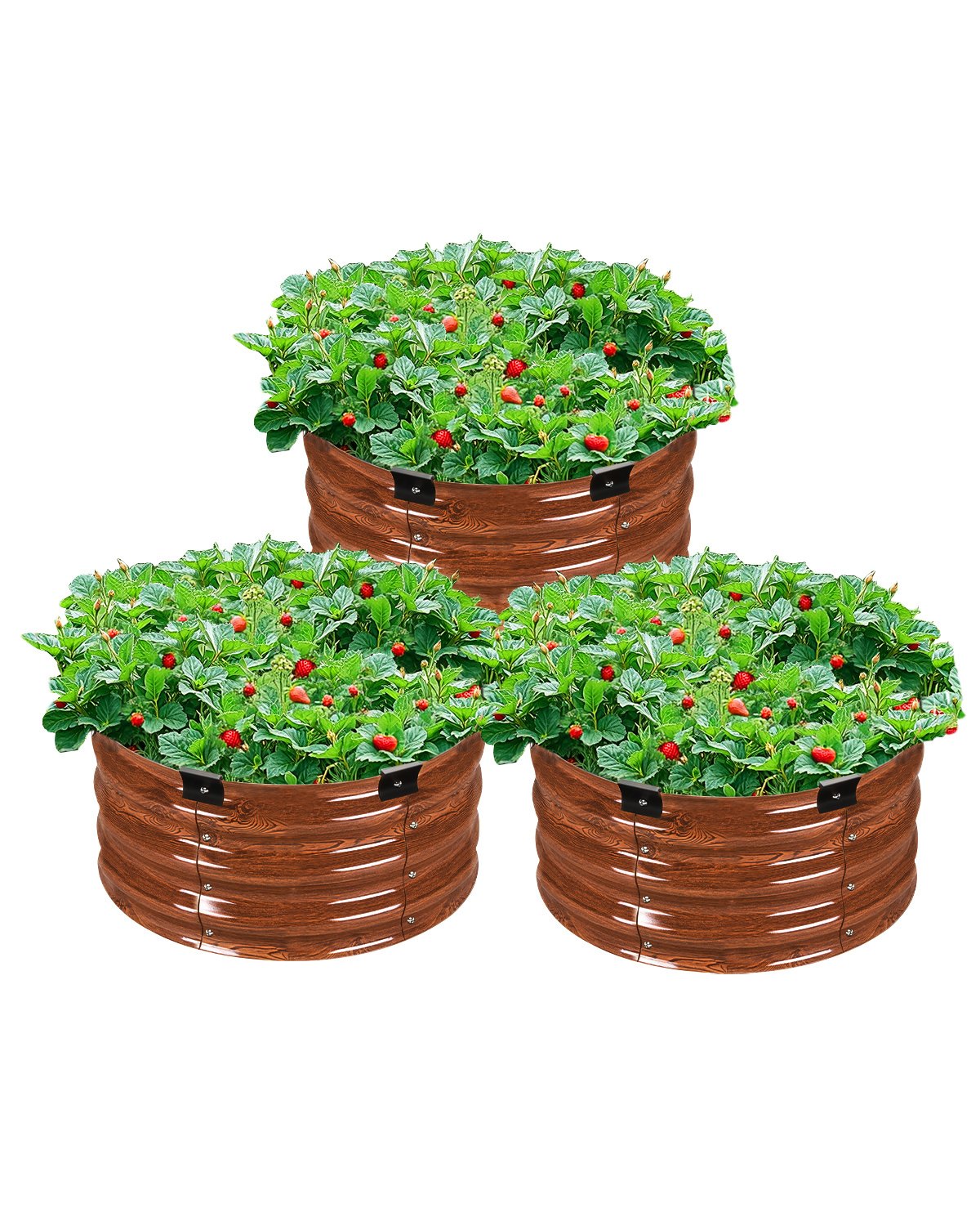 VEVOR 3 PCS Cama de Jardín Elevada de Metal de Ф590 x 265 mm con Fondo Abierto, Jardinera Redonda Galvanizada para Jardinería de Verduras, Flores, Hierbas y Plantas Suculentas, Veta de Madera Profunda