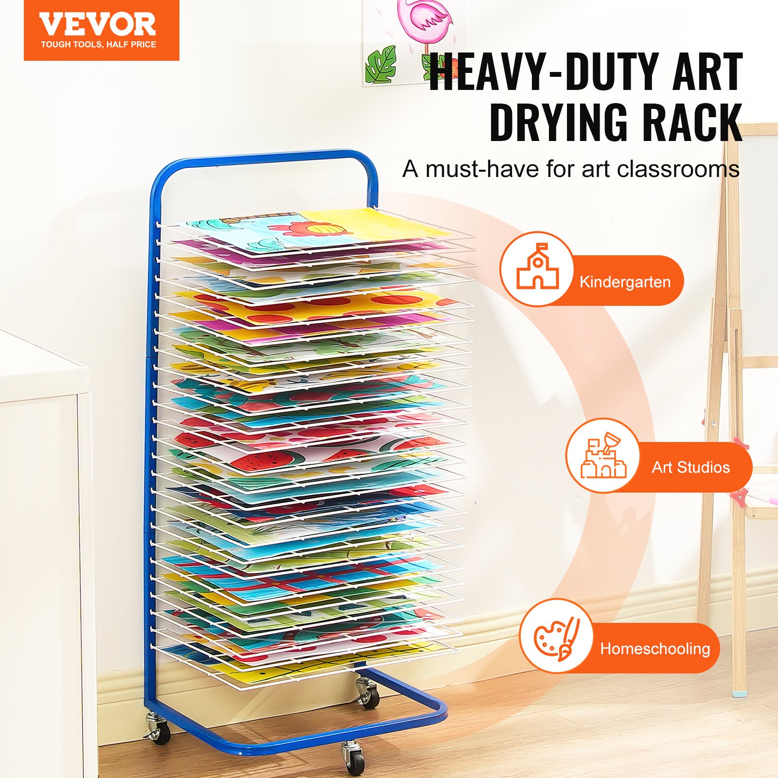 VEVOR Art Drying Rack with 25 Removable Shelves (423 x 317 mm) Paint Drying Rack with Lockable Wheels, Carbon Steel Painting Drying Rack for Artwork in Classrooms