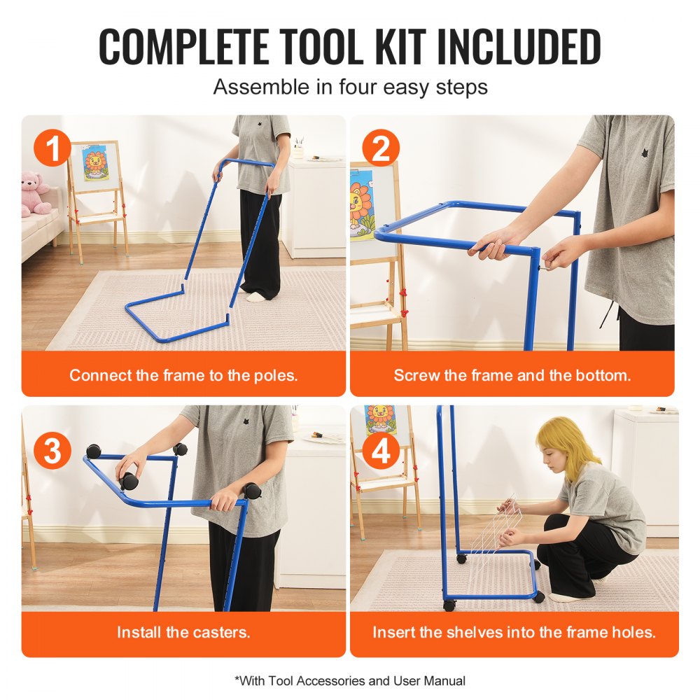 VEVOR Tendedero de Pintura 25 Estantes Extraíbles 584 x 400 mm Rejilla para Secar Pintura de Acero al Carbono con 4 Ruedas Bloqueables para Obras de Arte en Aulas, Estudios de Arte, Azul y Blanco