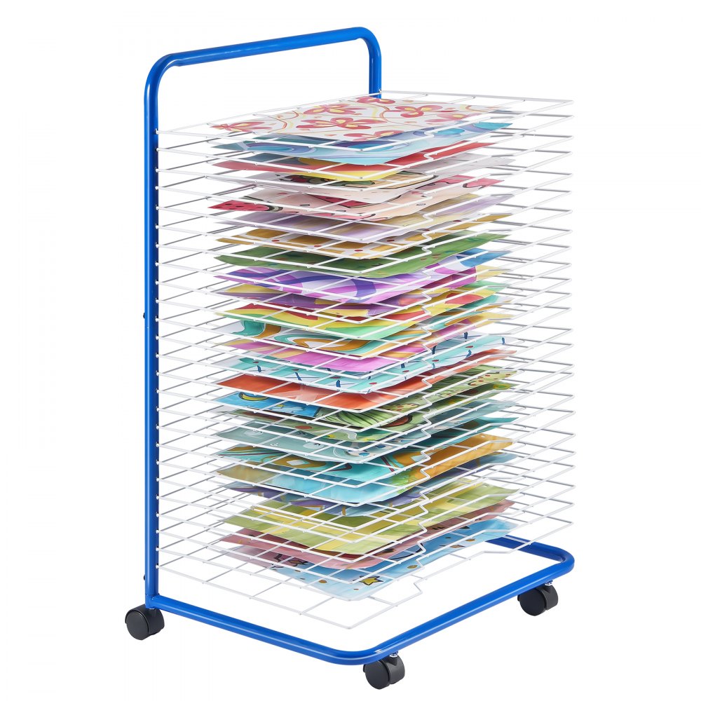 VEVOR Tendedero de Pintura 25 Estantes Extraíbles 584 x 400 mm Rejilla para Secar Pintura de Acero al Carbono con 4 Ruedas Bloqueables para Obras de Arte en Aulas, Estudios de Arte, Azul y Blanco