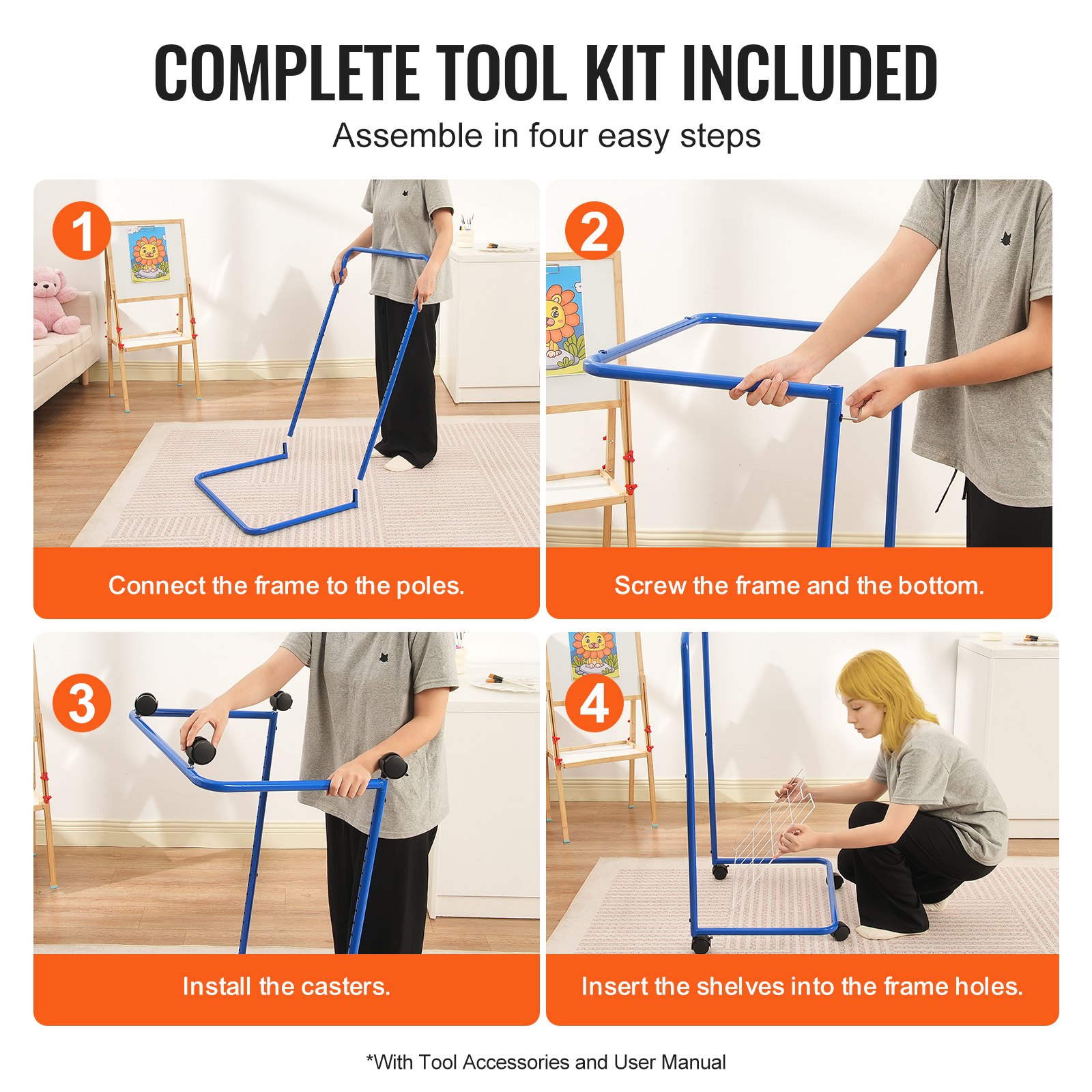 VEVOR Tendedero de Pintura 25 Estantes Extraíbles 584 x 400 mm Rejilla para Secar Pintura de Acero al Carbono con 4 Ruedas Bloqueables para Obras de Arte en Aulas, Estudios de Arte, Azul y Blanco