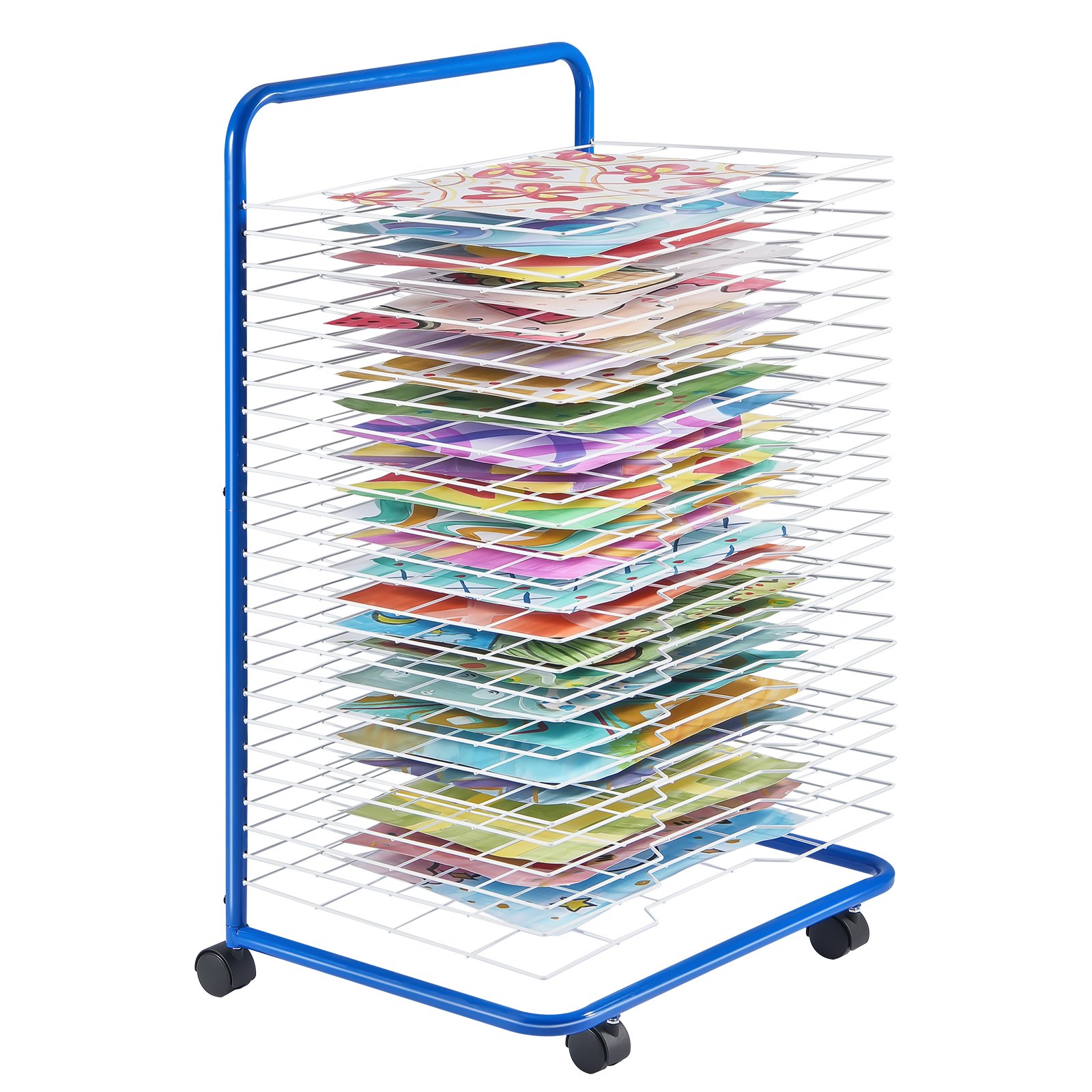 VEVOR Tendedero de Pintura 25 Estantes Extraíbles 584 x 400 mm Rejilla para Secar Pintura de Acero al Carbono con 4 Ruedas Bloqueables para Obras de Arte en Aulas, Estudios de Arte, Azul y Blanco