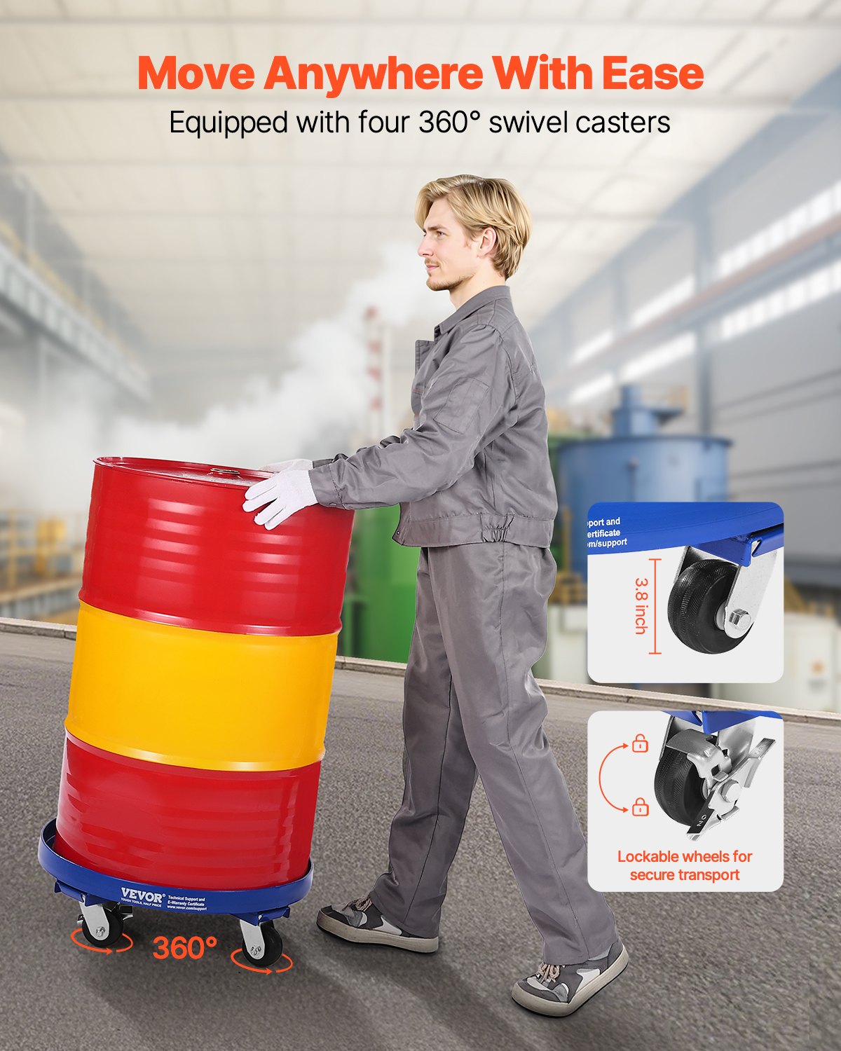 VEVOR Drum Roller for 55 Gallons, 907 kg Load Capacity, Ø615x188mm Transport Roller with Crossbars & 4 Swivel Casters, Tip-Proof Trolley for Handling Drums in Warehouses, Blue