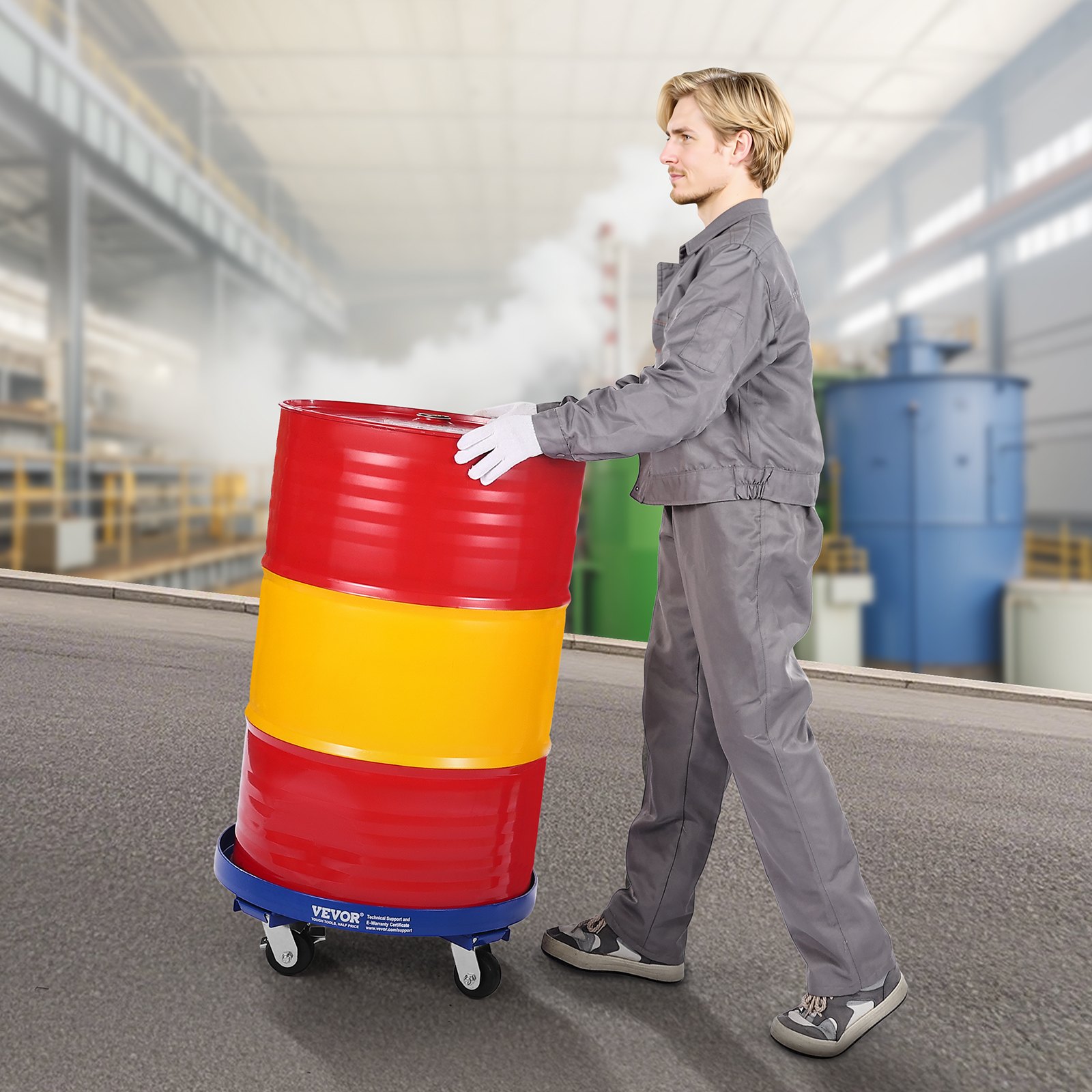 VEVOR Drum Roller for 55 Gallons, 907 kg Load Capacity, Ø615x188mm Transport Roller with Crossbars & 4 Swivel Casters, Tip-Proof Trolley for Handling Drums in Warehouses, Blue