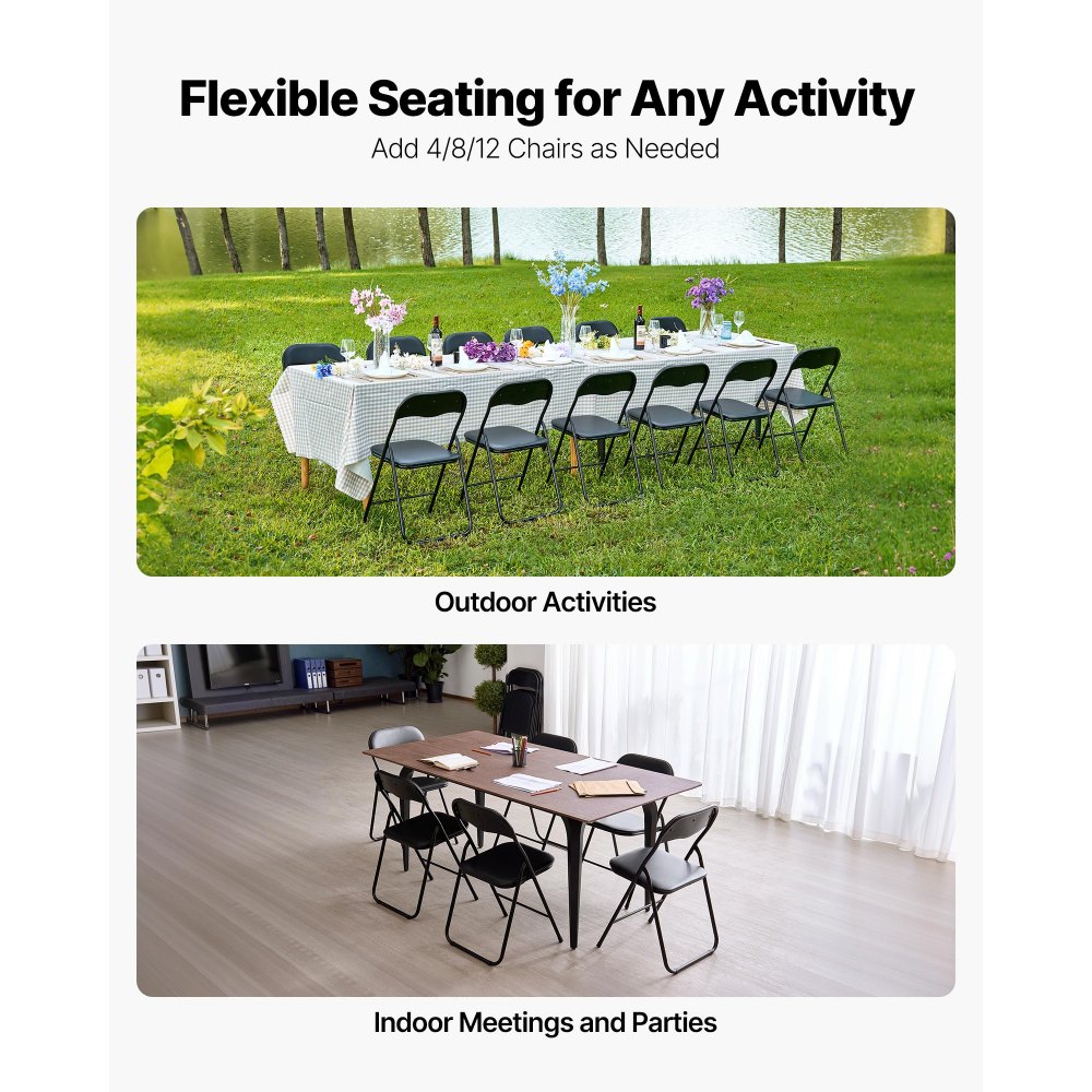 VEVOR 4 Pack Folding Chairs, Foldable Leather Chairs with Heavy Duty Metal Frame & Padded Cushion, Portable Folding Card Table Chairs, Stackable Seats for Home, Yard, Garden, Parties, Events, Black