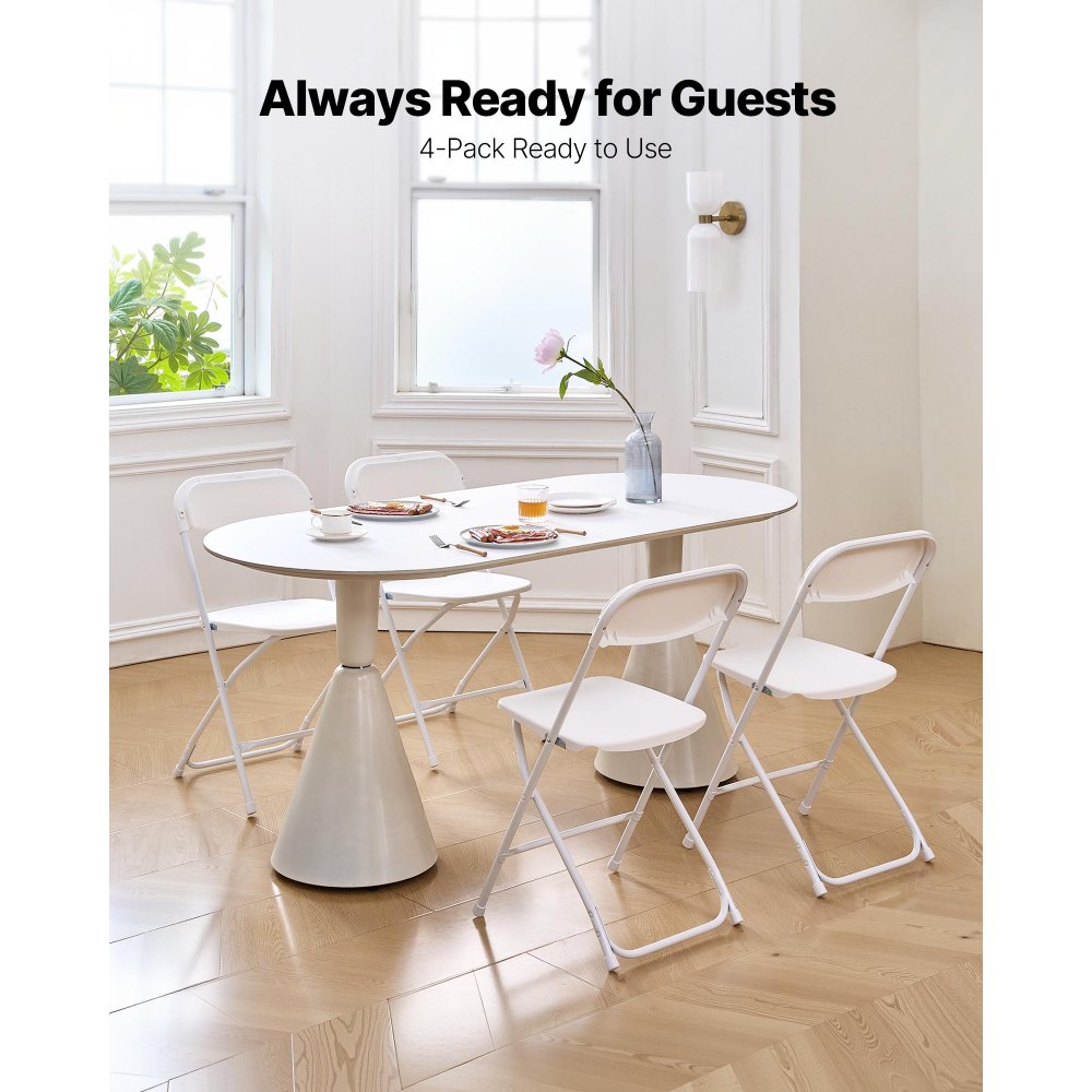 VEVOR 4 Pack Folding Chairs, Foldable Plastic Chairs with Heavy Duty Metal Frame, Portable Folding Card Table Chairs, Stackable Indoor Outdoor Seats for Home, Yard, Garden, Parties, Events, White