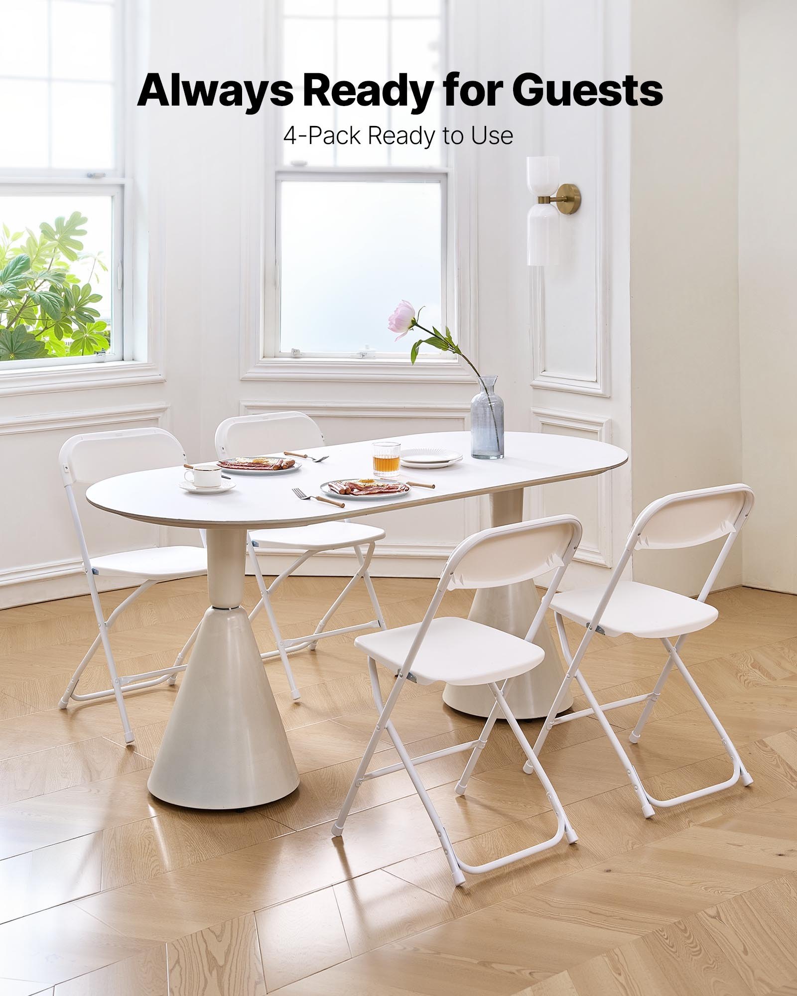 VEVOR 4 Pack Folding Chairs, Foldable Plastic Chairs with Heavy Duty Metal Frame, Portable Folding Card Table Chairs, Stackable Indoor Outdoor Seats for Home, Yard, Garden, Parties, Events, White