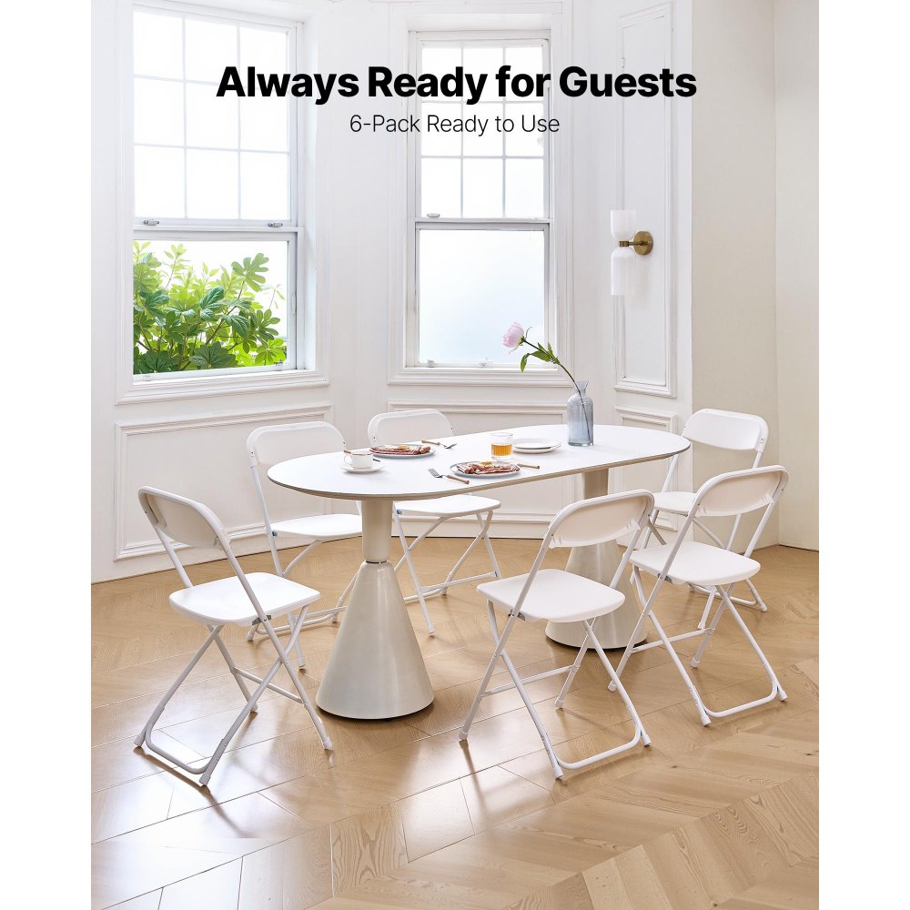 VEVOR 6 Pack Folding Chairs, Foldable Plastic Chairs with Heavy Duty Metal Frame, Portable Folding Card Table Chairs, Stackable Indoor Outdoor Seats for Home, Yard, Garden, Parties, Events, White
