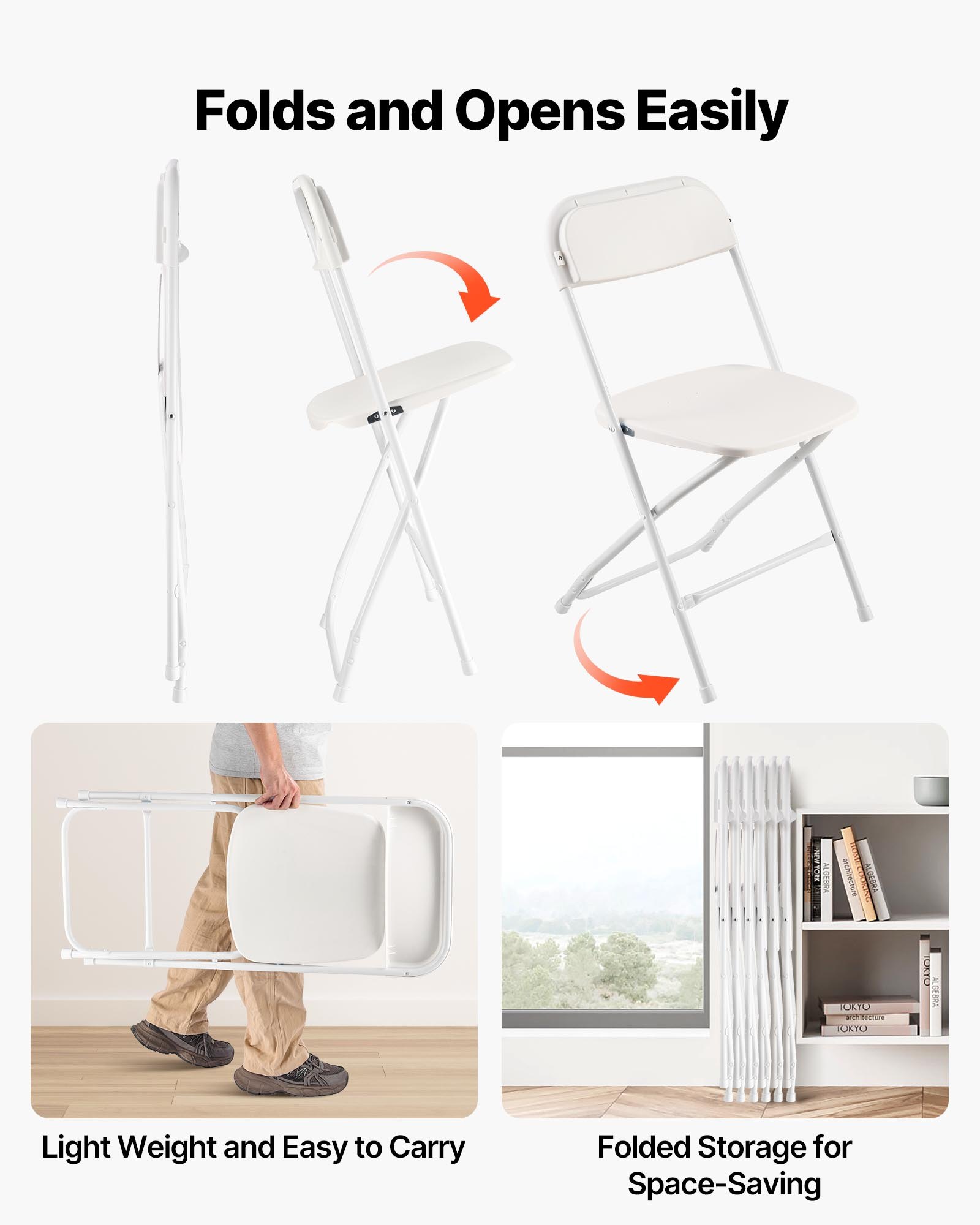 VEVOR 6 PCS Sillas Plegables, Sillas Plegables Apilables Portátiles de Plástico con Estructura de Metal Resistente Carga de 158 kg para Mesa de Cartas para Casa, Jardín, Fiestas y Eventos, Blanco