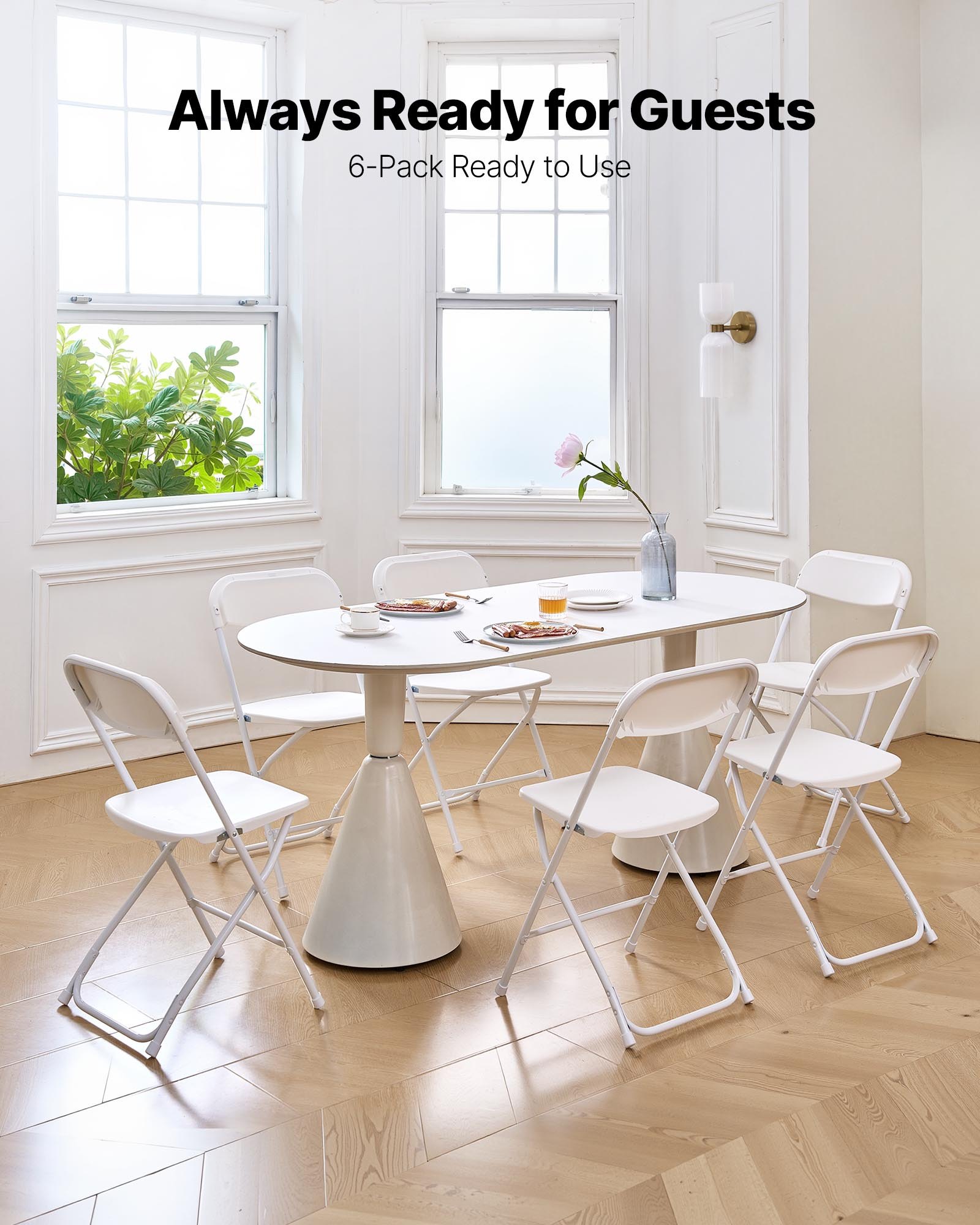 VEVOR 6 Pack Folding Chairs, Foldable Plastic Chairs with Heavy Duty Metal Frame, Portable Folding Card Table Chairs, Stackable Indoor Outdoor Seats for Home, Yard, Garden, Parties, Events, White