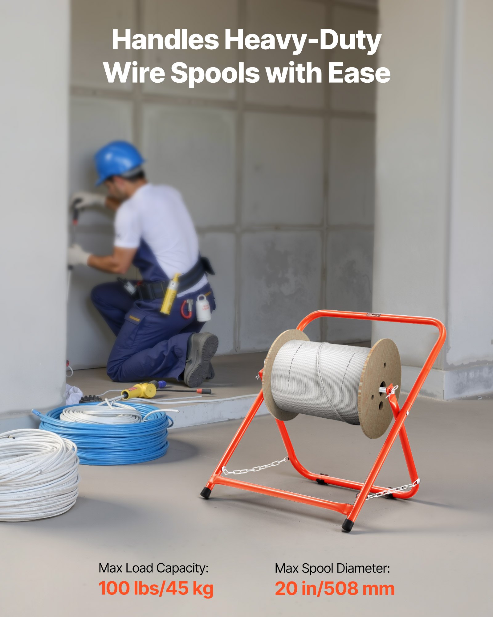 VEVOR Cable Caddy, Heavy Duty Steel Frame, Spool Holder for Electrical Wires, Portable Wire Dispenser for Up to 20 in Diameter Spools, 100 lbs Capacity for Cable Reels, Electrical Industrial Retail