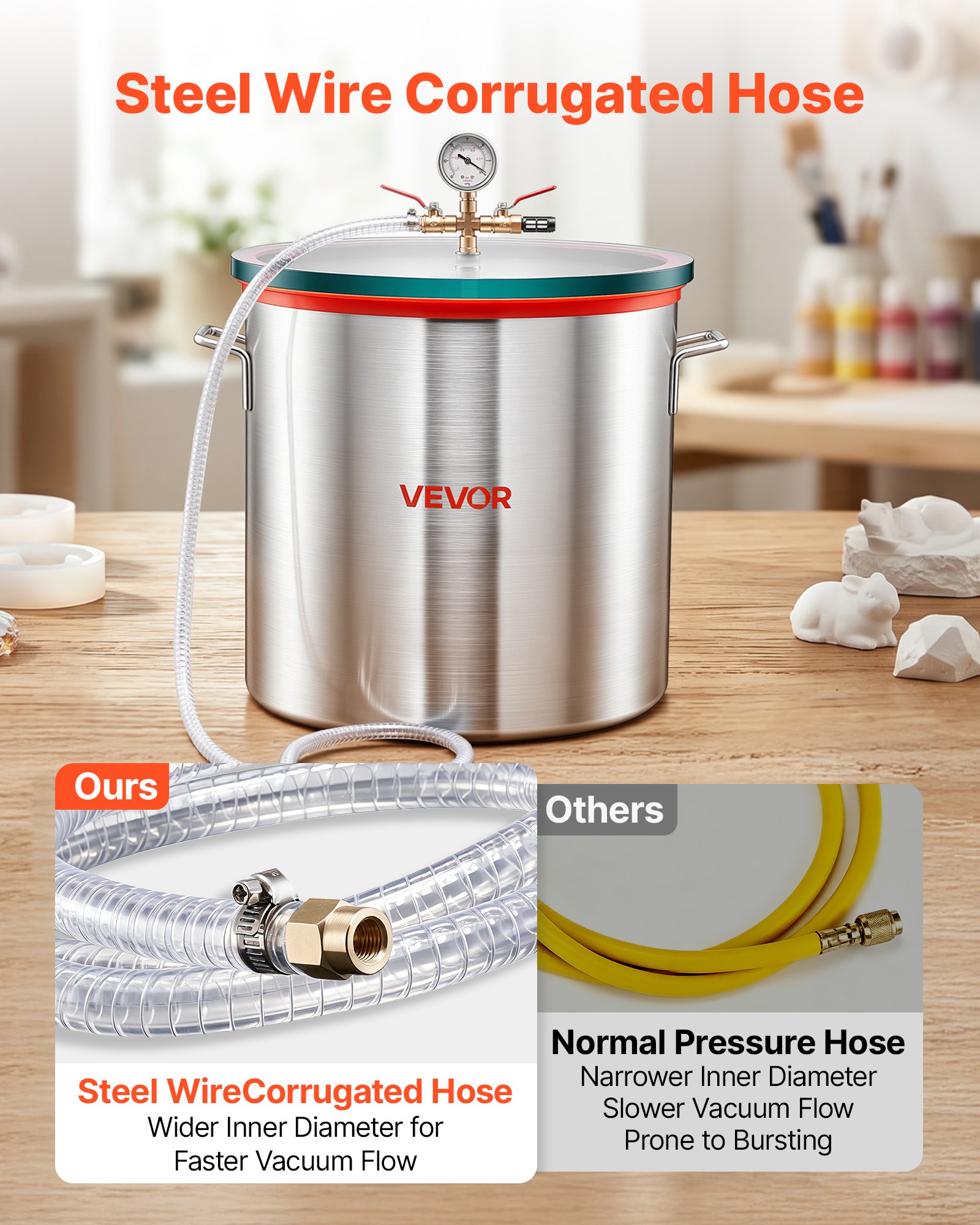 VEVOR Cámara de Vacío de 56,8 L, Cámara de Desgasificación al Vacío de Aleación de Aluminio con Tapa de Vidrio Templado, Manguera, Filtro de Aire, para Fundición de Resina, Estabilización de Madera