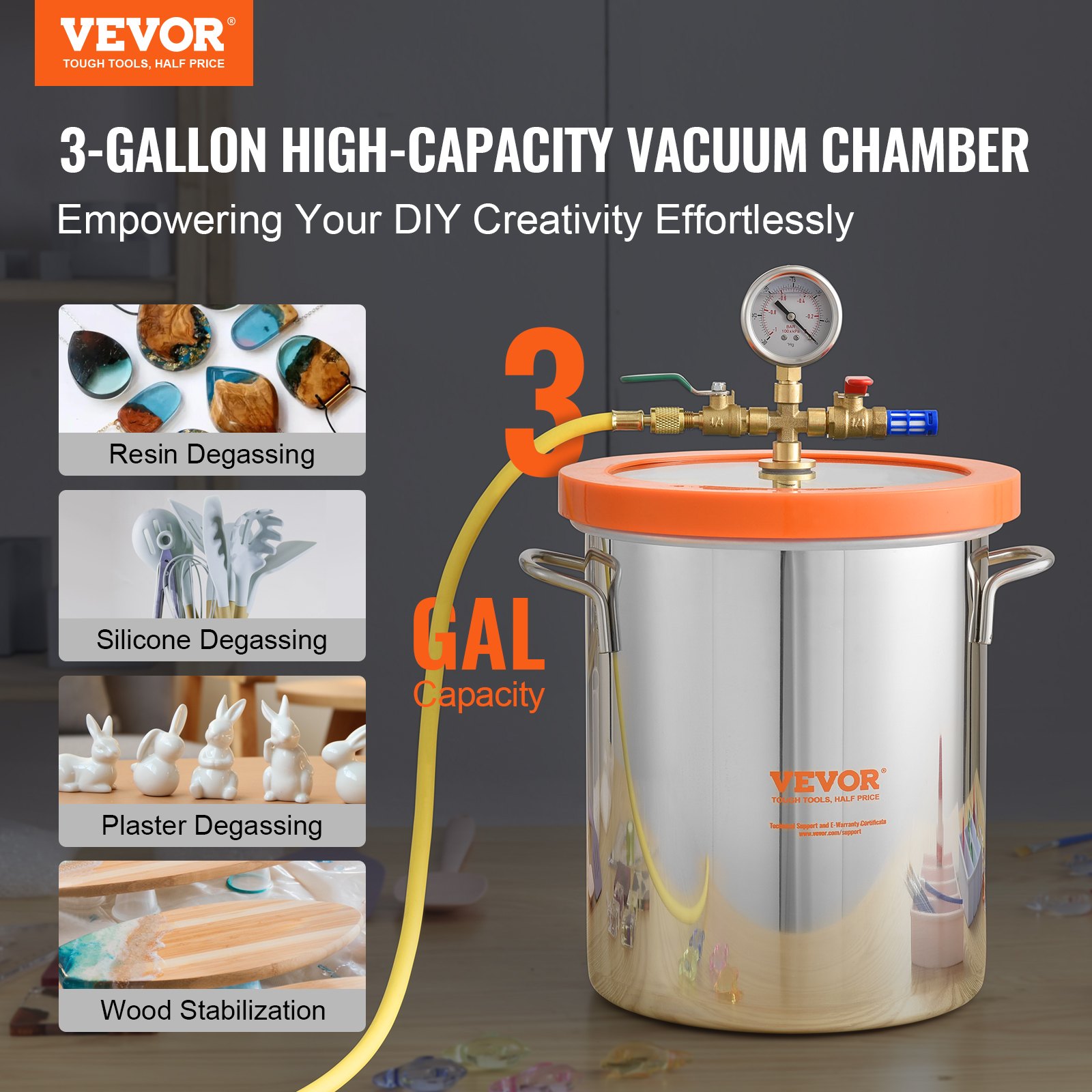 VEVOR Cámara de Vacío 11,4 L Bomba de Vacío Tapa de Vidrio Templado Cámara de Desgasificación de Acero Inoxidable 304 Contenedor de Vacío para Estabilización de Madera Resina de Silicona