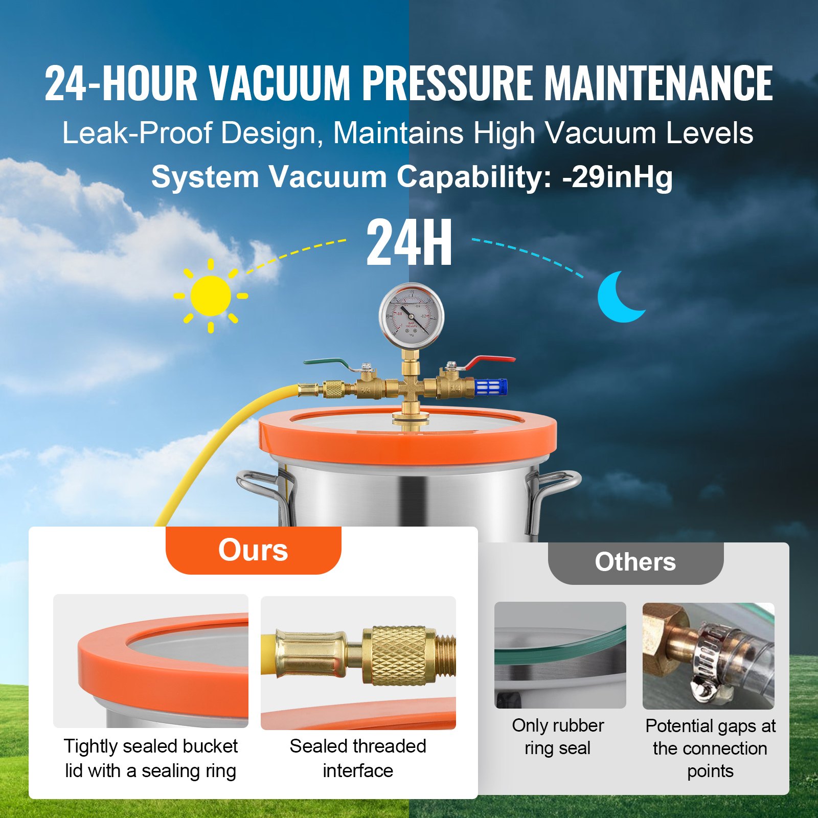 VEVOR Cámara de Vacío 11,4 L Bomba de Vacío Tapa de Vidrio Templado Cámara de Desgasificación de Acero Inoxidable 304 Contenedor de Vacío para Estabilización de Madera Resina de Silicona