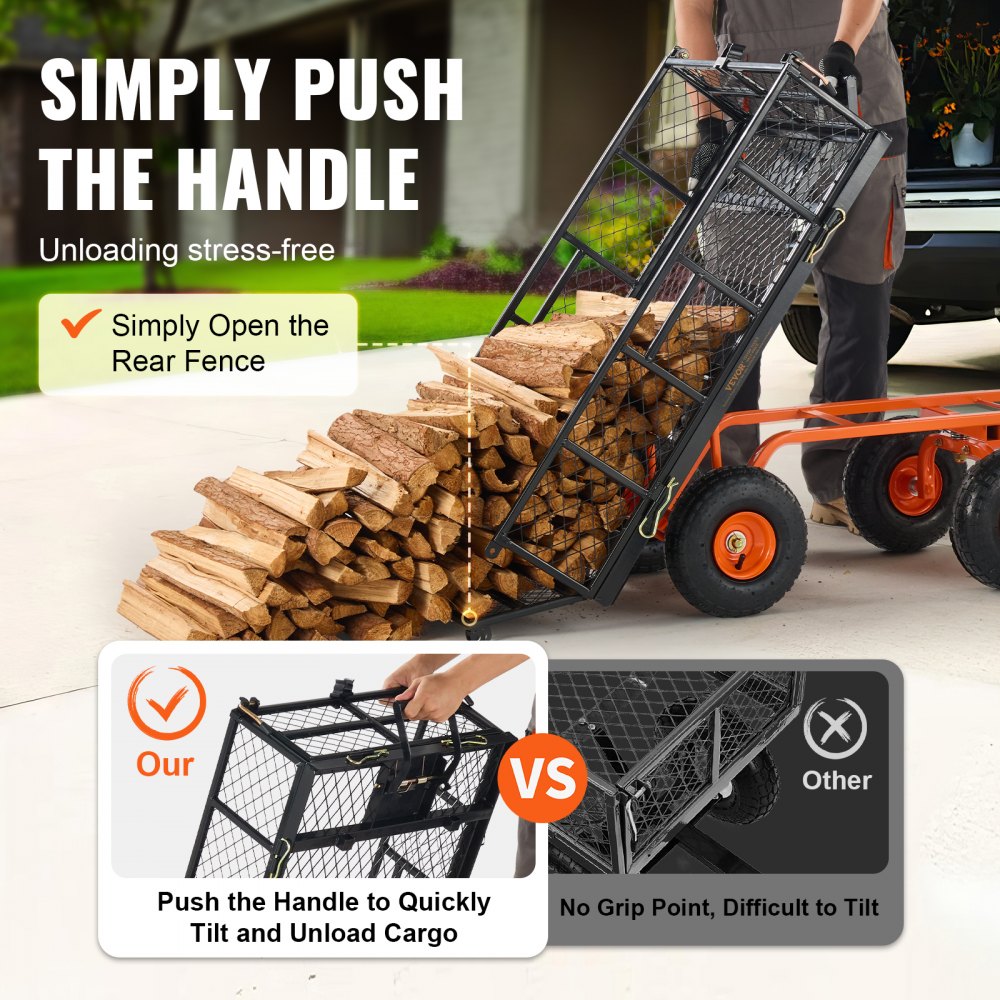 Carro volquete VEVOR, carro volquete de jardín de metal con marco fácil de montar, carro volquete con mango convertible 2 en 1, carretilla utilitaria de 880 libras de capacidad, neumáticos de 10 pulgadas