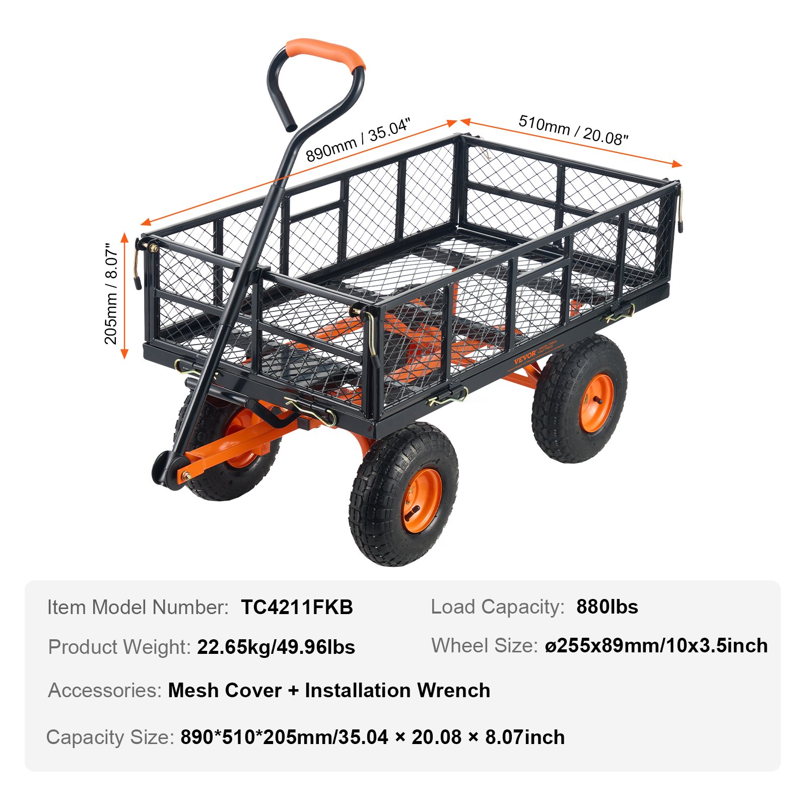Carro volquete VEVOR, carro volquete de jardín de metal con marco fácil de montar, carro volquete con mango convertible 2 en 1, carretilla utilitaria de 880 libras de capacidad, neumáticos de 10 pulgadas