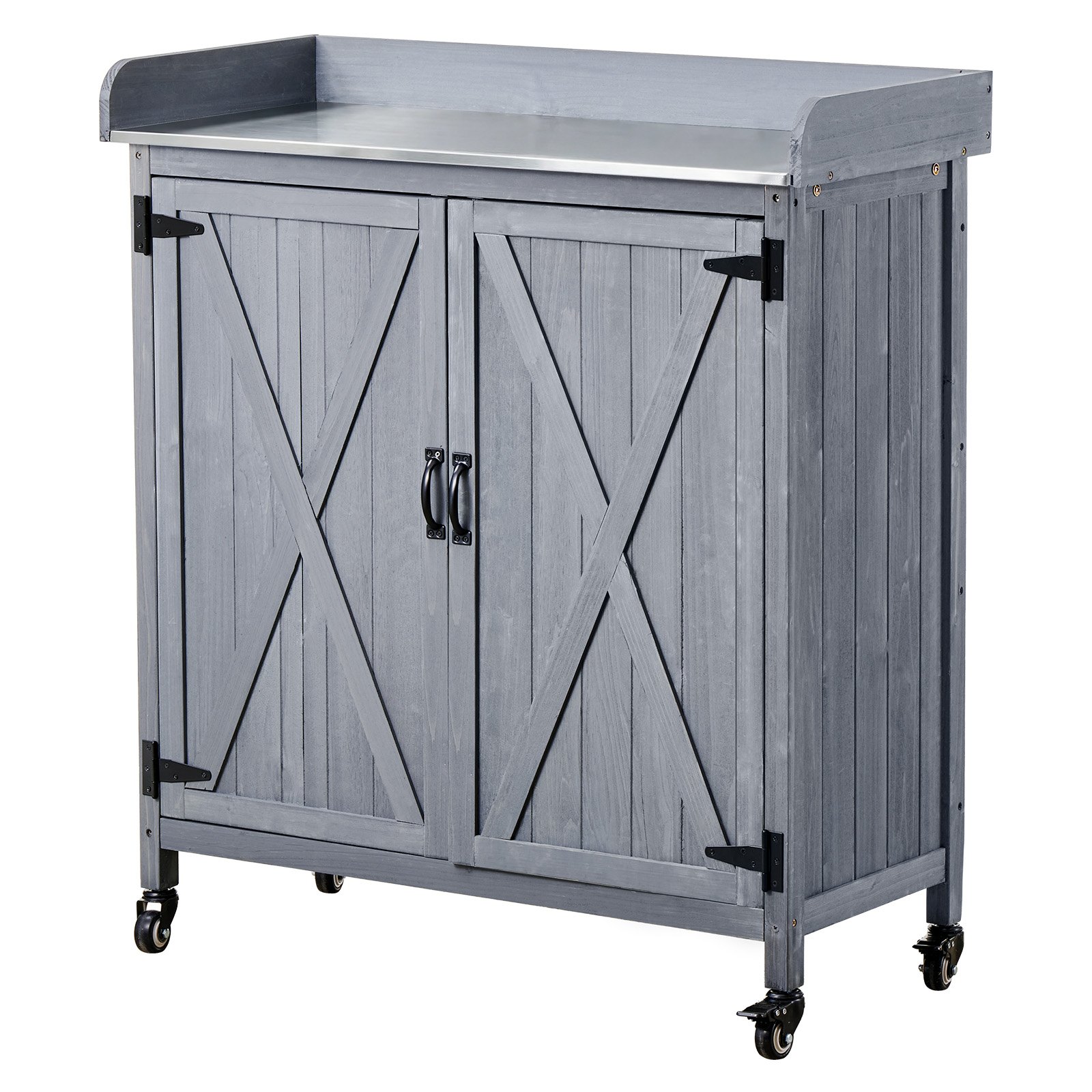 VEVOR Mesa de Jardinería, Banco de Trabajo de Jardín de Madera 915 x 405 x 1015 mm con Ruedas, Estante Superior, Tablero de Metal Galvanizado, Cajón, Ganchos, Armario para Almacenamiento Macetas Patio