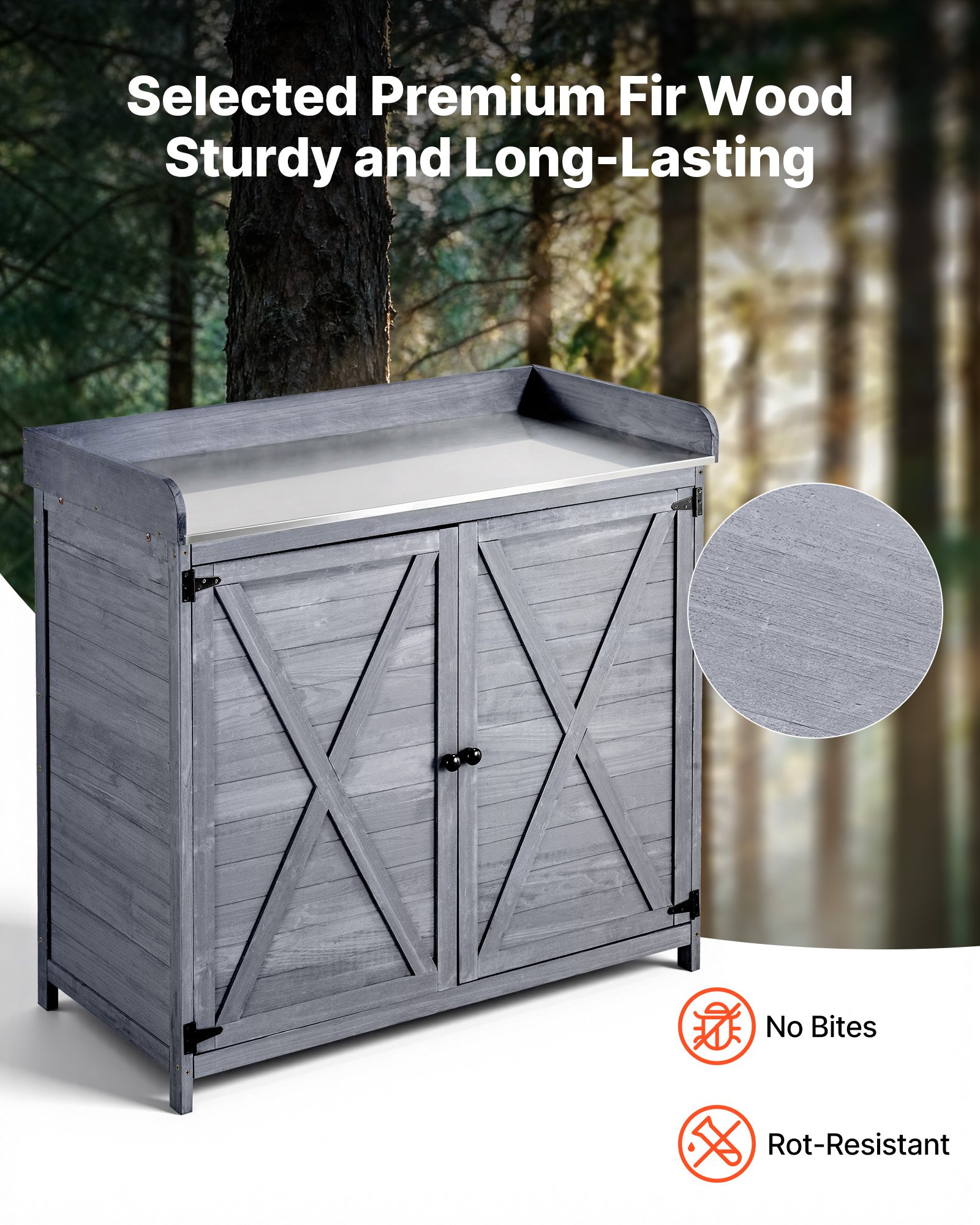 VEVOR Mesa de Jardinería, Banco de Trabajo de Jardín de Madera 98 x 48 x 95 cm con Tablero de Metal Galvanizado, Estante Superior, Armario, Cajón, Ganchos para Patio Almacenamiento Macetas Exterior