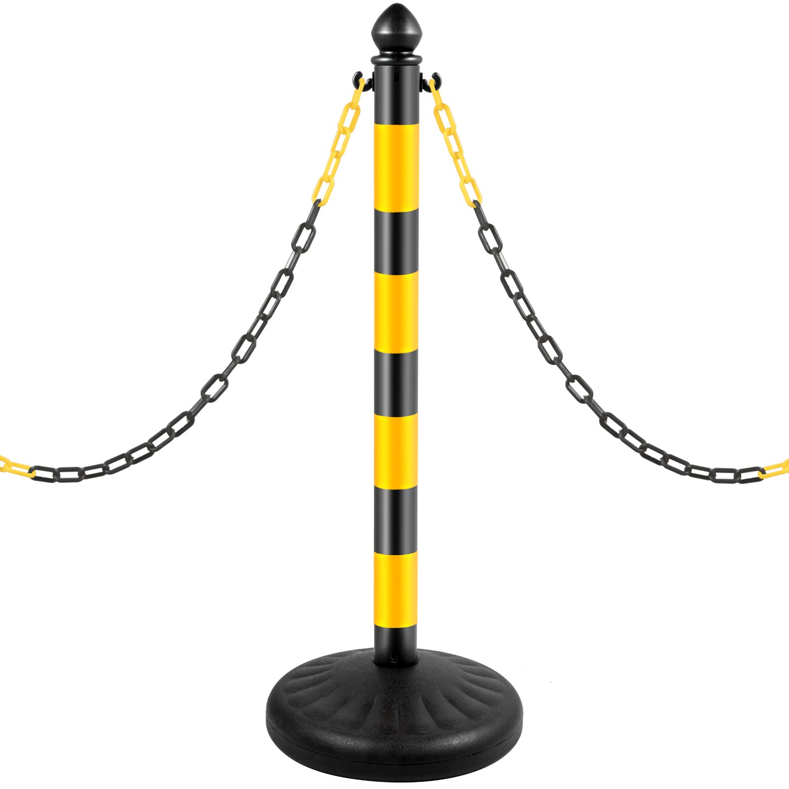 VEVOR Barrera de Aparcamiento 4 piezas Altura 99 cm Plástico PE Poste de Tráfico Base 35 x 35 cm Cadena 1 m Amarillo-Negro Bolardo de Aparcamiento Llenar con Agua o Arena en Base para más Estabilidad