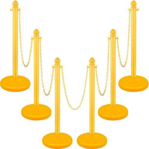 VEVOR Barrera de Aparcamiento 6 piezas Altura 99 cm Plástico PE Poste de Tráfico Base 35 x 35 cm Cadena 1 m Cúpula Amarillo Bolardo de Aparcamiento Llenar con Agua o Arena en Base para más Estabilidad