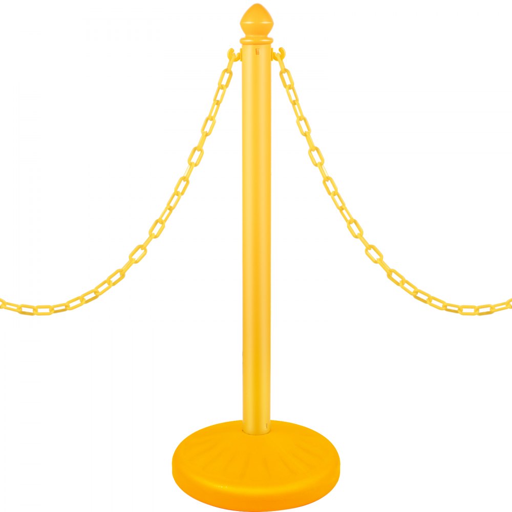 VEVOR Barrera de Aparcamiento 6 piezas Altura 99 cm Plástico PE Poste de Tráfico Base 35 x 35 cm Cadena 1 m Cúpula Amarillo Bolardo de Aparcamiento Llenar con Agua o Arena en Base para más Estabilidad