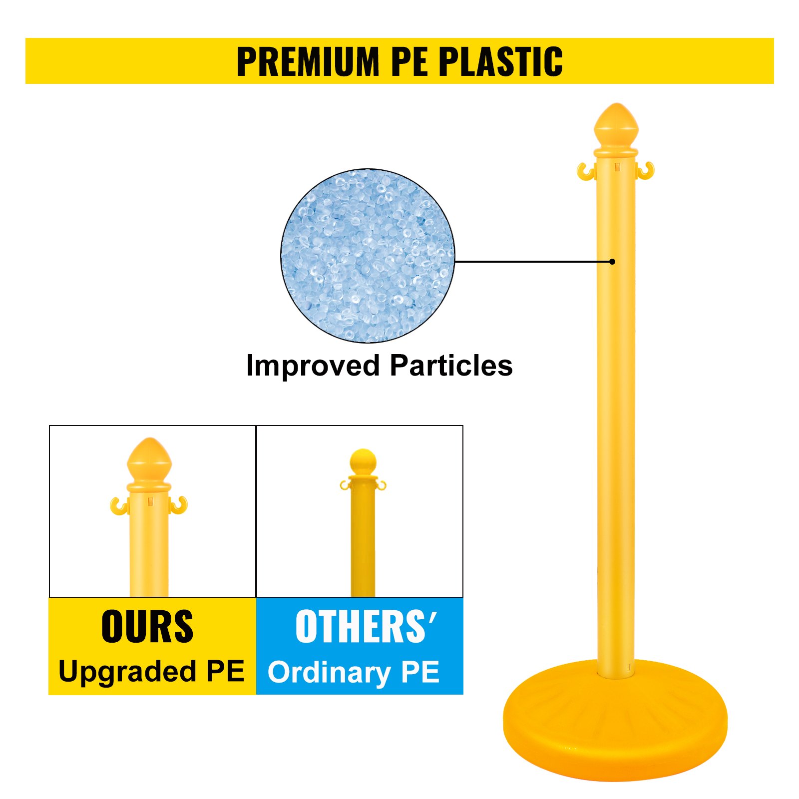 VEVOR Barrera de Aparcamiento 6 piezas Altura 99 cm Plástico PE Poste de Tráfico Base 35 x 35 cm Cadena 1 m Cúpula Amarillo Bolardo de Aparcamiento Llenar con Agua o Arena en Base para más Estabilidad