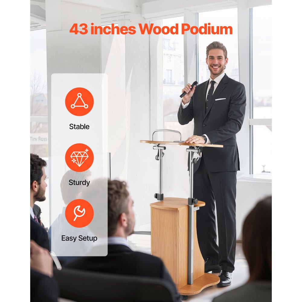 VEVOR Soporte de Podio de Madera Altura Ajustable 79,5-110 cm Atril de Pie con Ruedas, Amplia Superficie de Lectura, Estante de Almacenamiento Abierto para Discursos, Conferencias, Presentaciones