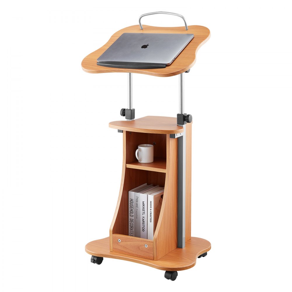VEVOR Soporte de Podio de Madera Altura Ajustable 79,5-110 cm Atril de Pie con Ruedas, Amplia Superficie de Lectura, Estante de Almacenamiento Abierto para Discursos, Conferencias, Presentaciones