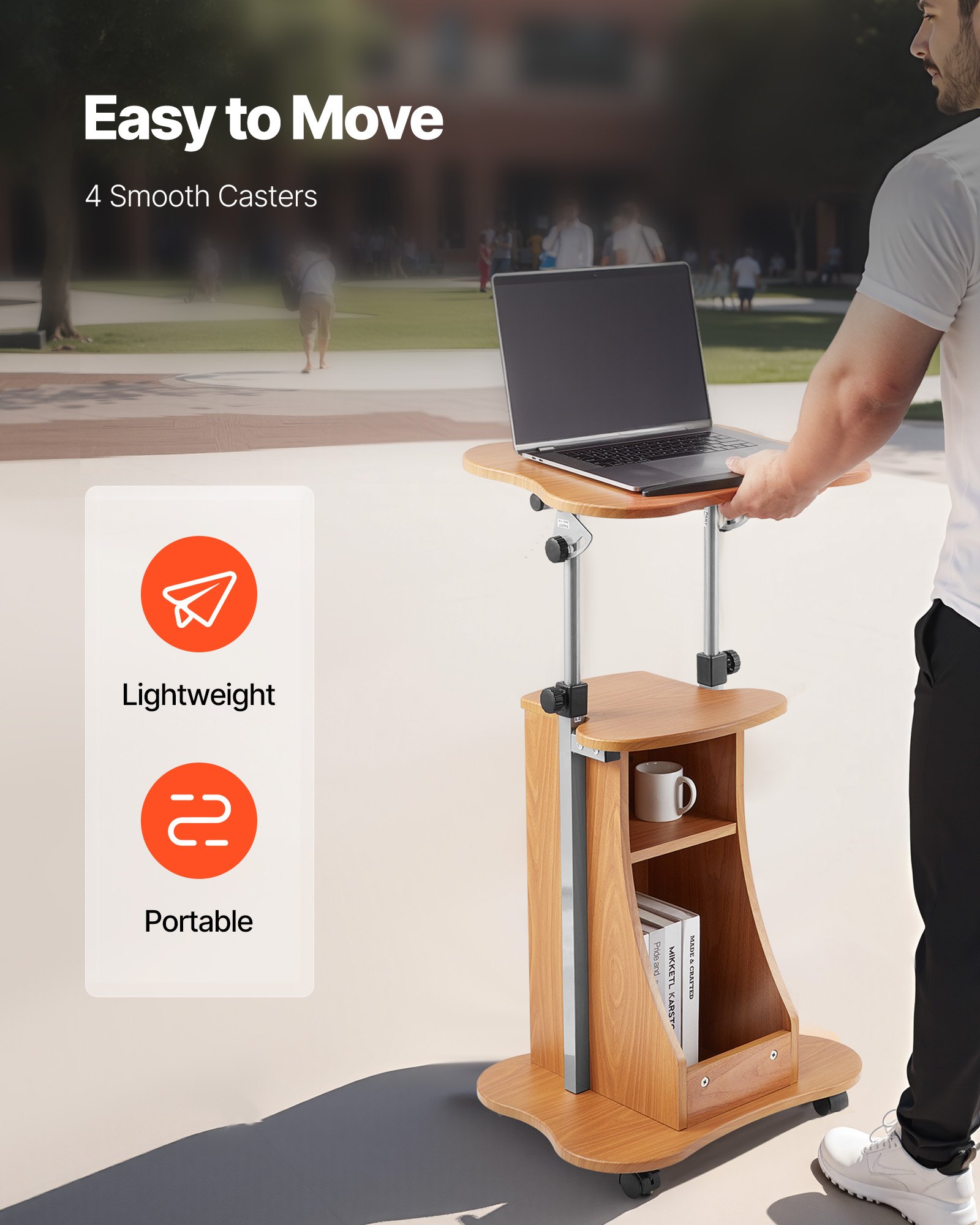 VEVOR Soporte de Podio de Madera Altura Ajustable 79,5-110 cm Atril de Pie con Ruedas, Amplia Superficie de Lectura, Estante de Almacenamiento Abierto para Discursos, Conferencias, Presentaciones