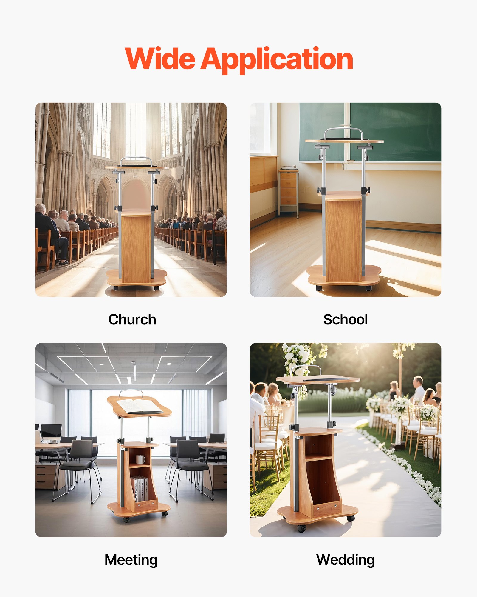 VEVOR Soporte de Podio de Madera Altura Ajustable 79,5-110 cm Atril de Pie con Ruedas, Amplia Superficie de Lectura, Estante de Almacenamiento Abierto para Discursos, Conferencias, Presentaciones