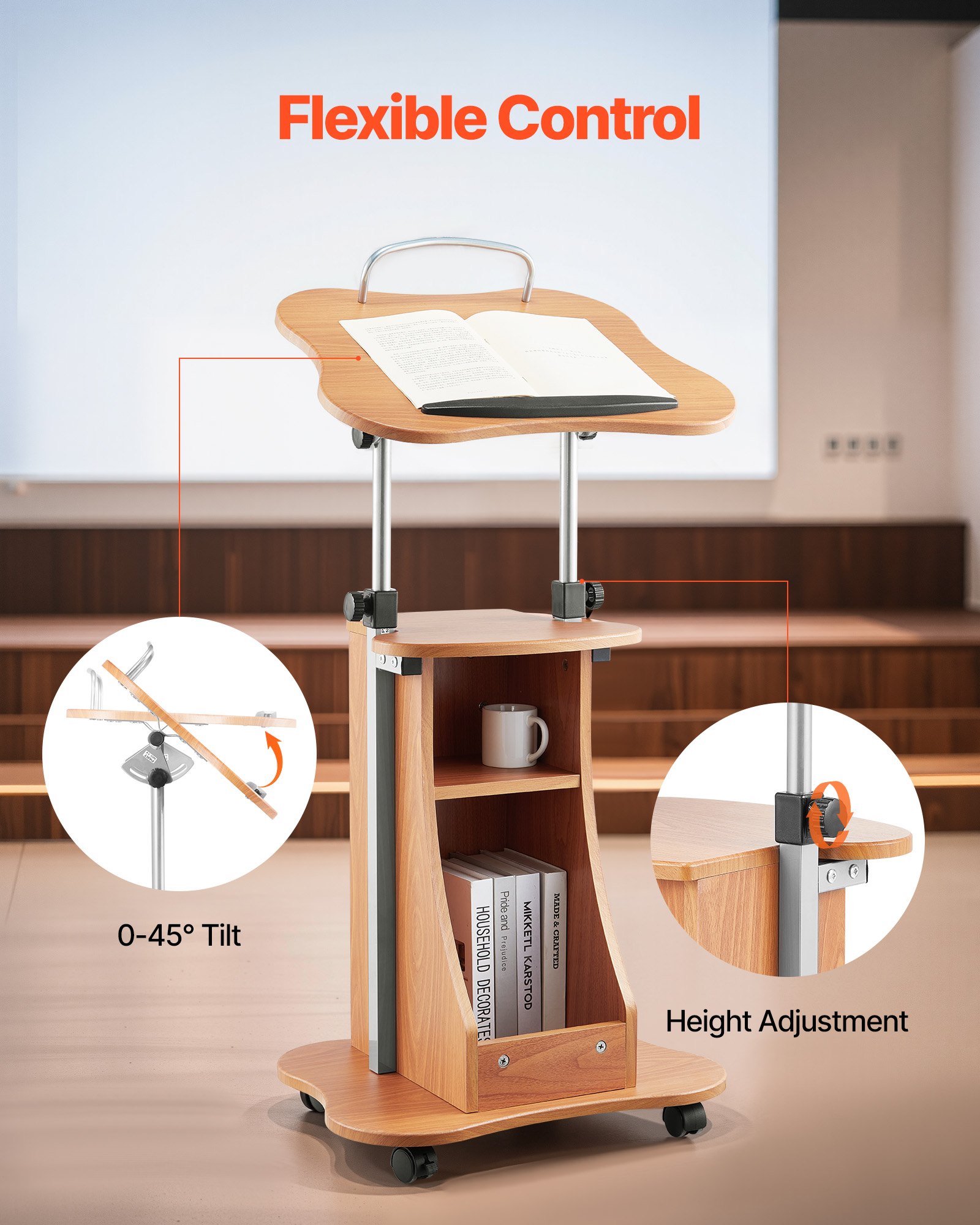 VEVOR Soporte de Podio de Madera Altura Ajustable 79,5-110 cm Atril de Pie con Ruedas, Amplia Superficie de Lectura, Estante de Almacenamiento Abierto para Discursos, Conferencias, Presentaciones