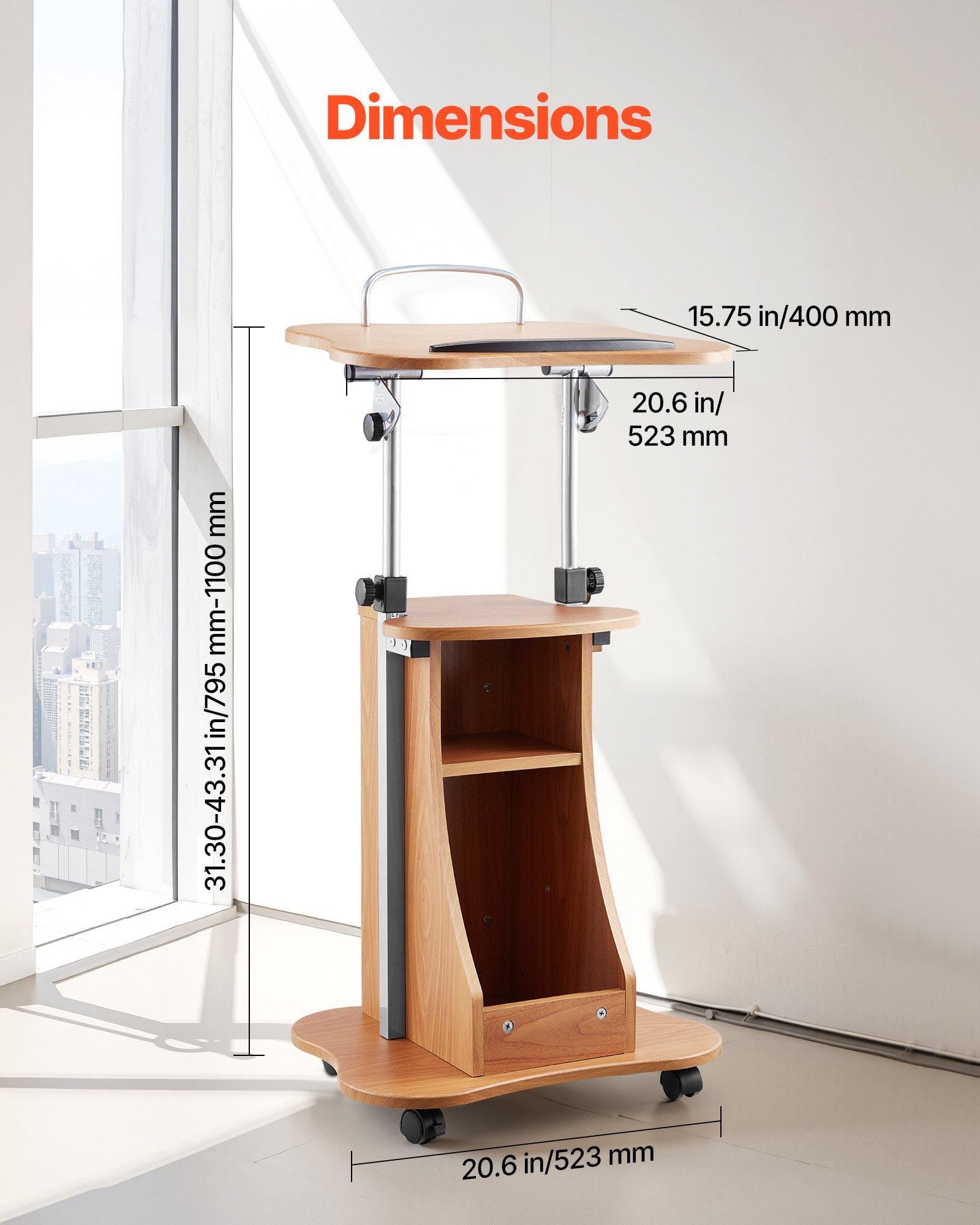 VEVOR Soporte de Podio de Madera Altura Ajustable 79,5-110 cm Atril de Pie con Ruedas, Amplia Superficie de Lectura, Estante de Almacenamiento Abierto para Discursos, Conferencias, Presentaciones