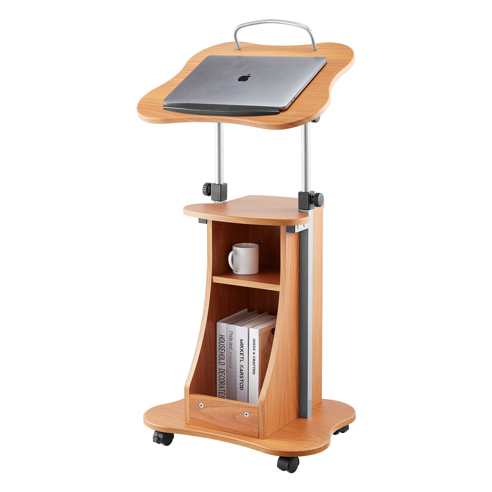 VEVOR Soporte de Podio de Madera Altura Ajustable 79,5-110 cm Atril de Pie con Ruedas, Amplia Superficie de Lectura, Estante de Almacenamiento Abierto para Discursos, Conferencias, Presentaciones