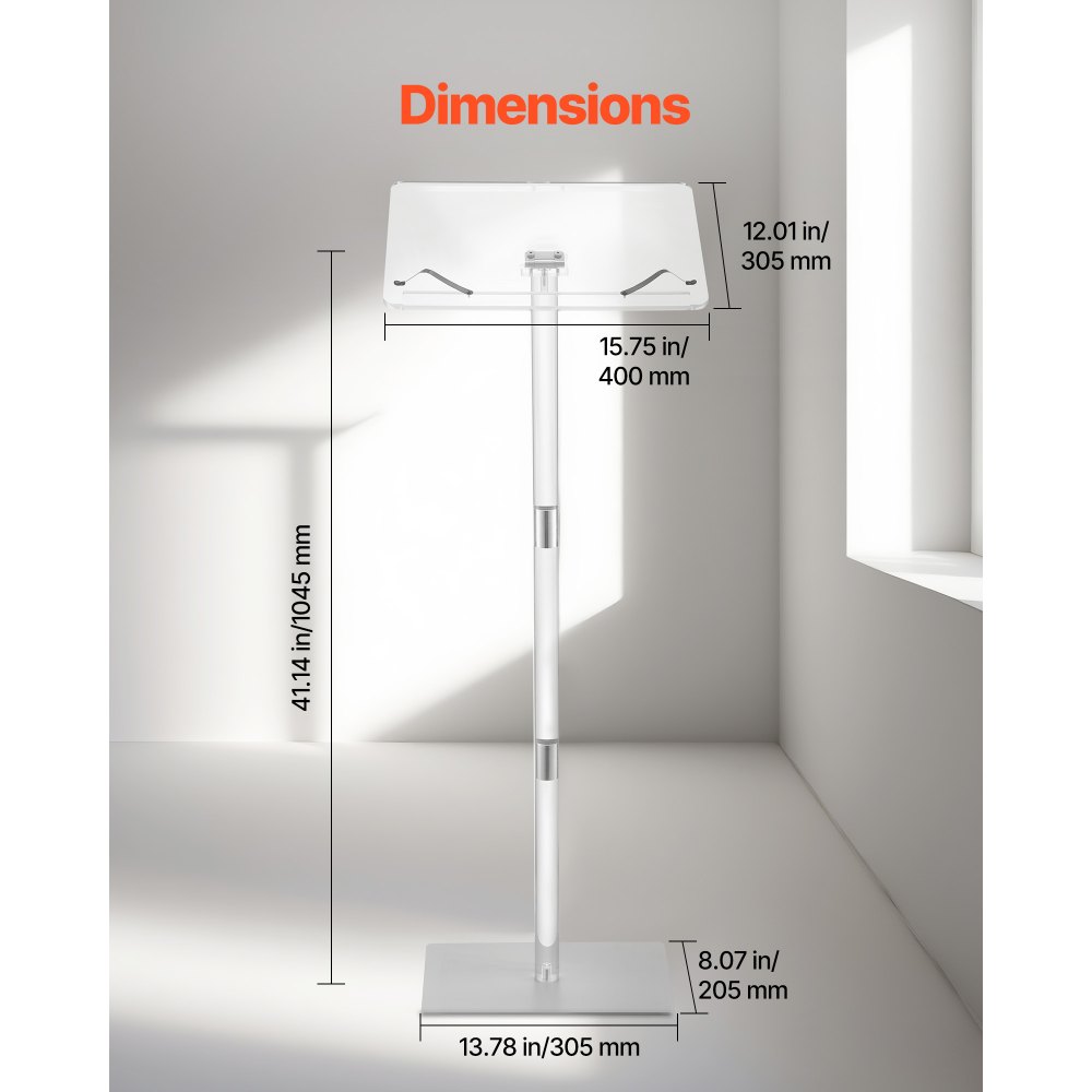 VEVOR Soporte de Podio de Acrílico Altura de 104,5 cm Atril de Pie con Superficie de Lectura 40 x 31 cm, Clips para Libros, Ángulo Ajustable para Aulas, Bodas, Conferencias, Discursos, Conciertos