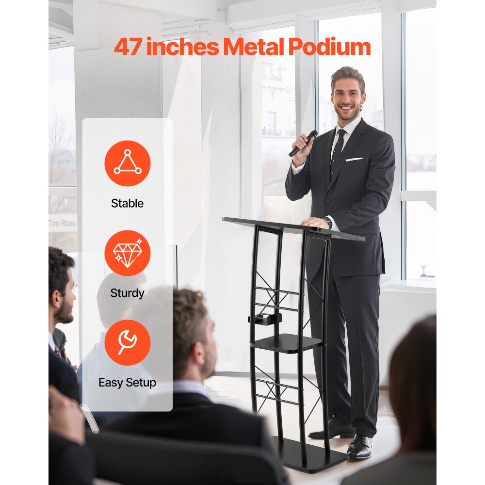 VEVOR Soporte de Podio de Metal Curvo Atril de Pie con Amplia Superficie de Lectura 59,5 x 40 cm, Estante de Almacenamiento, Portavasos para Aulas, Bodas, Conferencias, Discursos, Conciertos