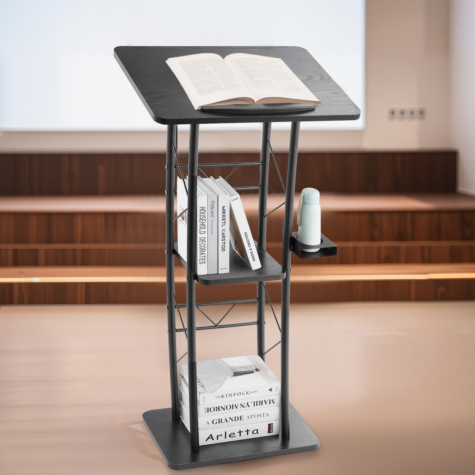 VEVOR Soporte de Podio de Metal Curvo Atril de Pie con Amplia Superficie de Lectura 59,5 x 40 cm, Estante de Almacenamiento, Portavasos para Aulas, Bodas, Conferencias, Discursos, Conciertos