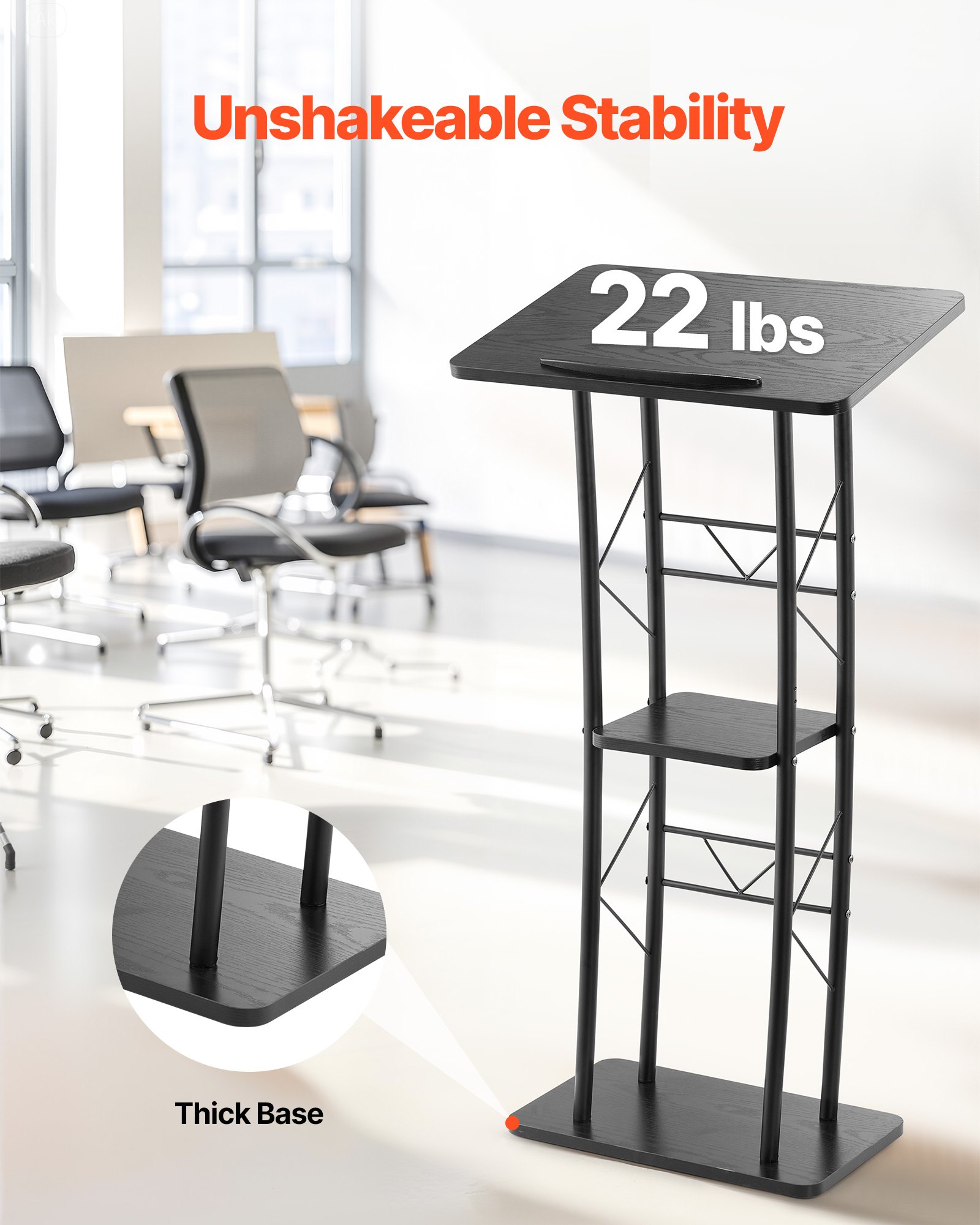 VEVOR Soporte de Podio de Metal Curvo Atril de Pie con Amplia Superficie de Lectura 59,5 x 40 cm, Estante de Almacenamiento, Portavasos para Aulas, Bodas, Conferencias, Discursos, Conciertos