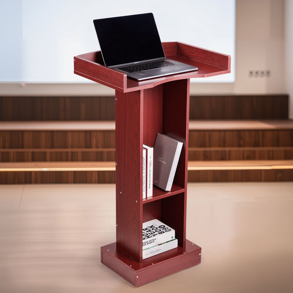 VEVOR Podium Stand, 1040 mm Wooden Lectern, Laptop Desk with Wide Reading Surface and Storage Shelf, Edge Stopper, Elegant Design, Flool-Standing, for Classroom, Conference, Church, and Presentation