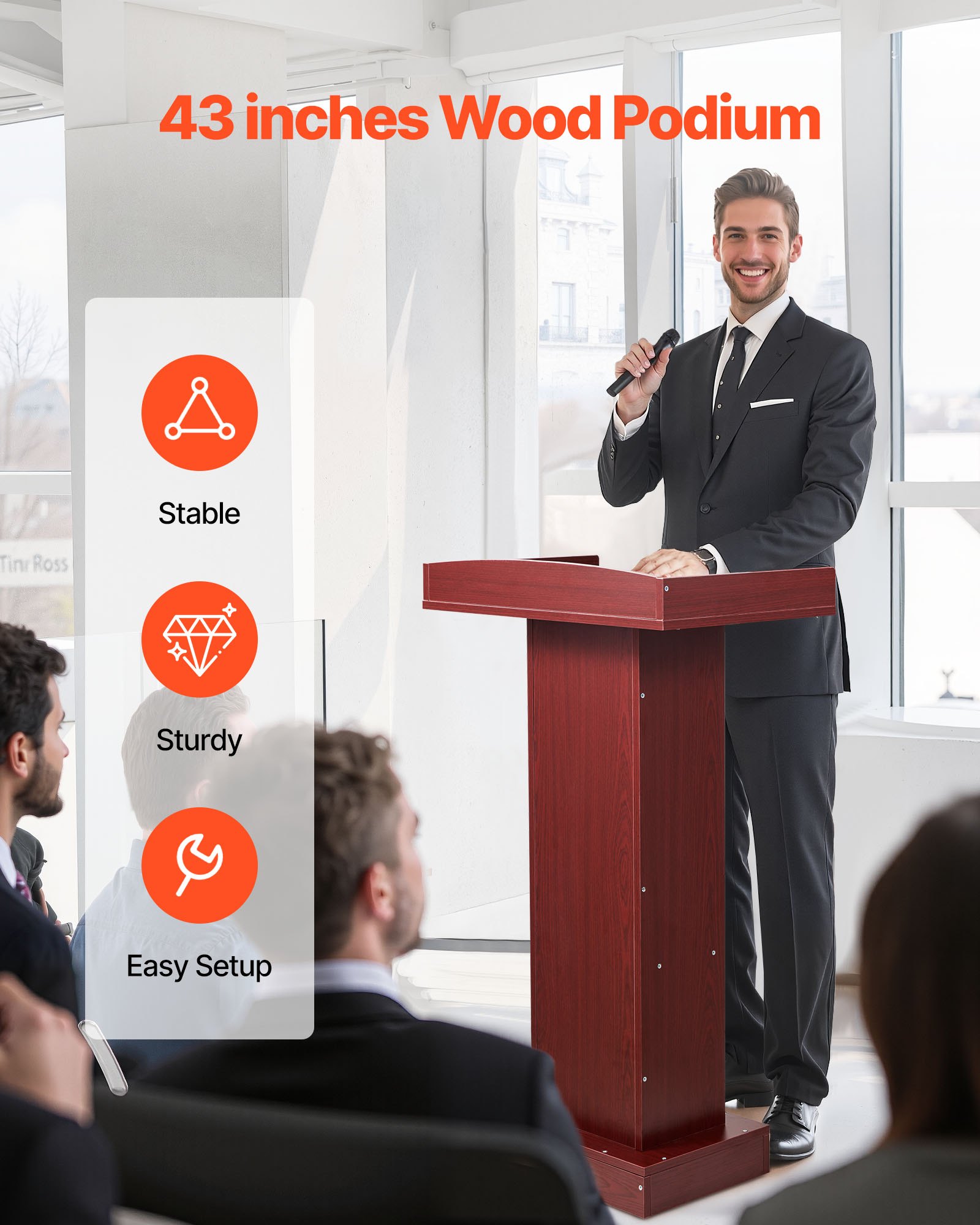 VEVOR Podium Stand, 1040 mm Wooden Lectern, Laptop Desk with Wide Reading Surface and Storage Shelf, Edge Stopper, Elegant Design, Flool-Standing, for Classroom, Conference, Church, and Presentation