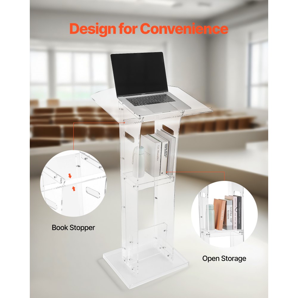 VEVOR Soporte de Podio de Acrílico Altura de 109 cm Atril de Pie Portátil con Asas, Superficie de Lectura 60 x 75 cm, Estante de Almacenamiento para Aulas, Bodas, Conferencias, Discursos, Conciertos