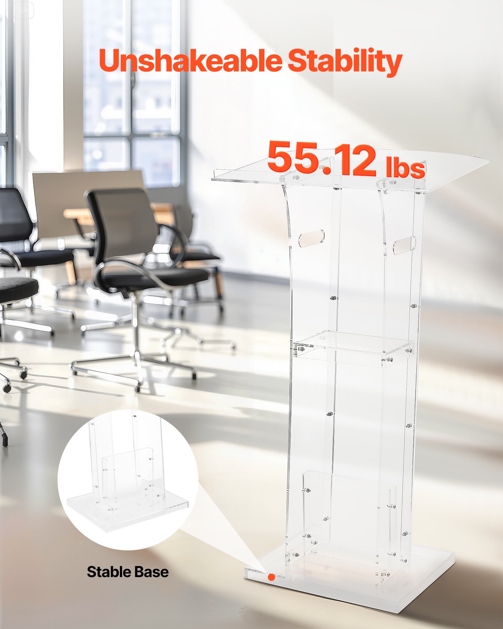 VEVOR Soporte de Podio de Acrílico Altura de 109 cm Atril de Pie Portátil con Asas, Superficie de Lectura 60 x 75 cm, Estante de Almacenamiento para Aulas, Bodas, Conferencias, Discursos, Conciertos